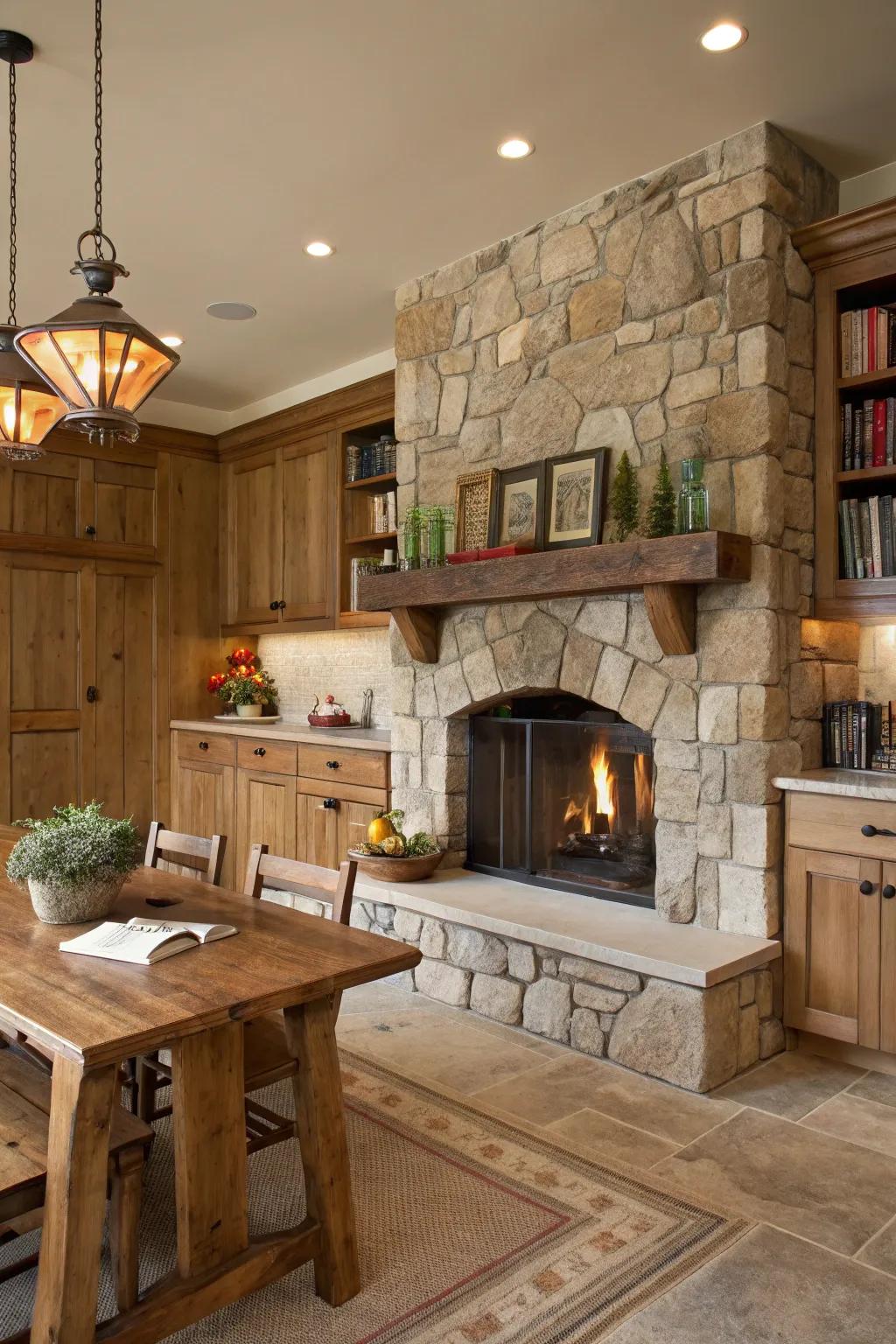 Stone hearths create warm and inviting focal points.