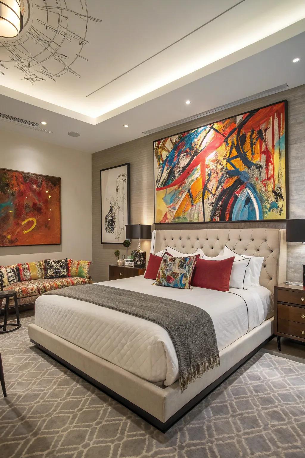 Artistic artwork adds a bold statement to this contemporary bedroom.