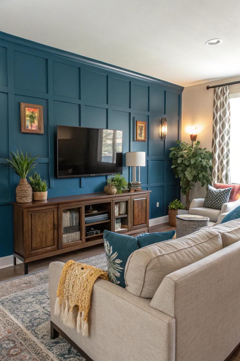 A colored feature wall evokes a striking and engaging media wall.