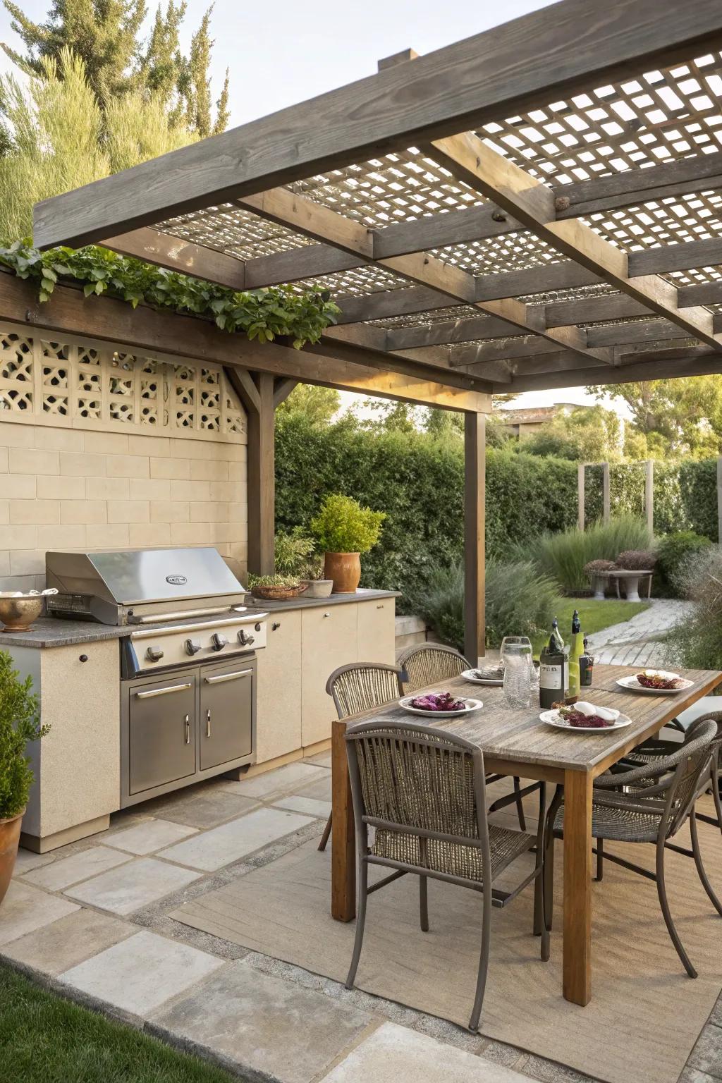 Pergola demarcating separate sections for cooking and eating.