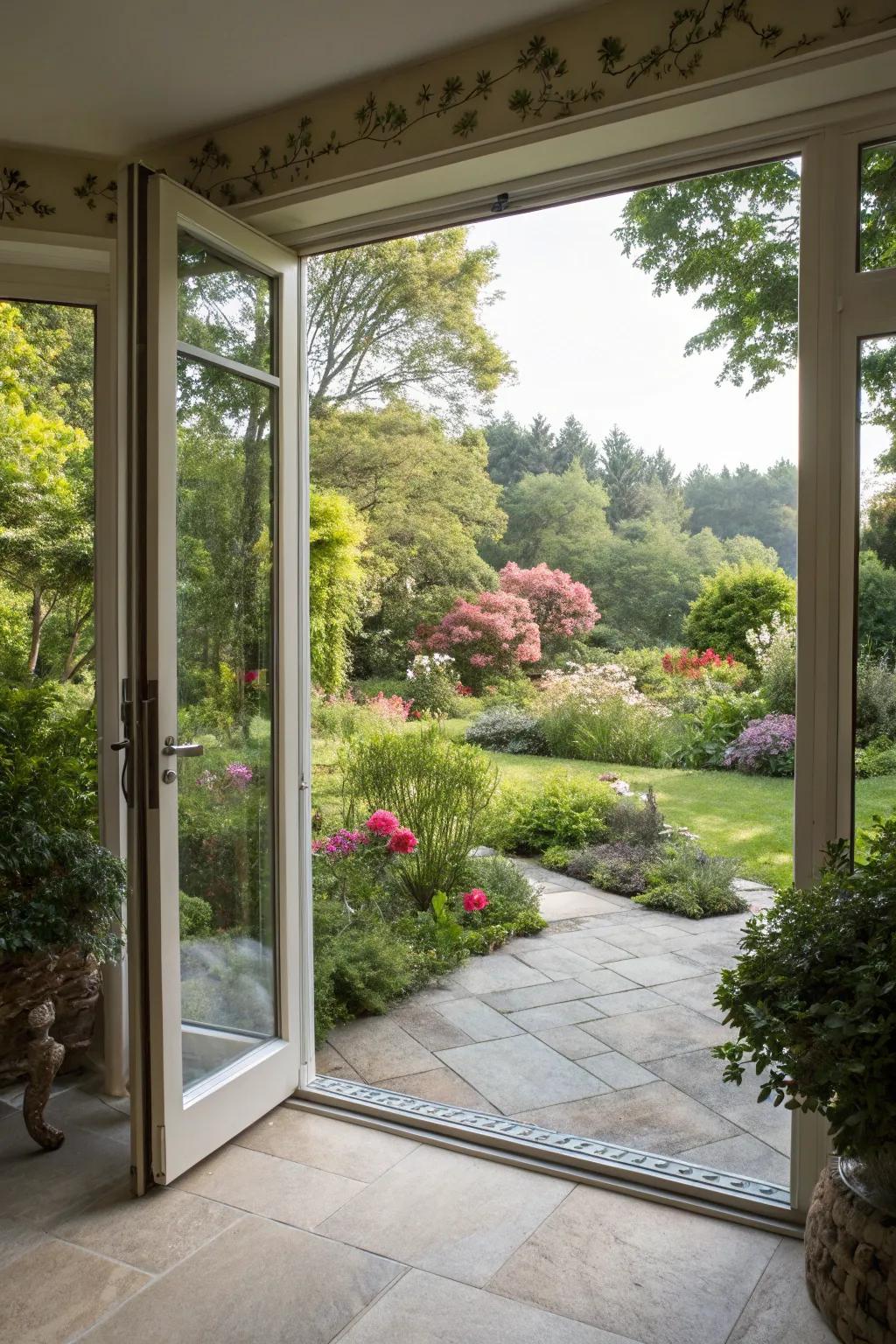 Corner openings for a panoramic garden feel.