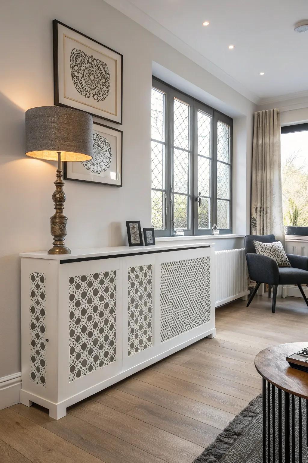 A radiator shield that has custom panels for you to express yourself.