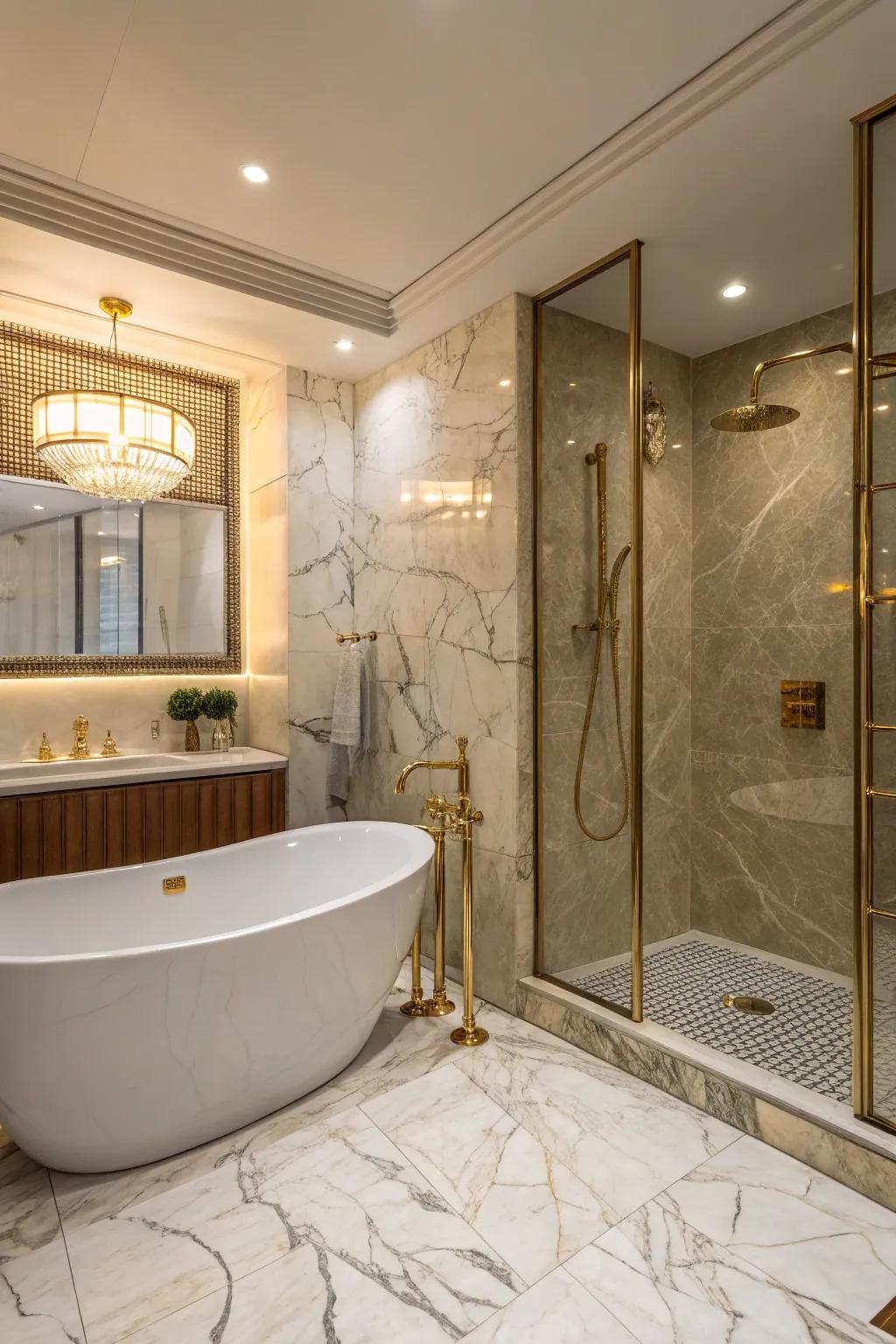 A luxurious bathroom showcases an ideal blend of an independent soaking vessel and a shower area.
