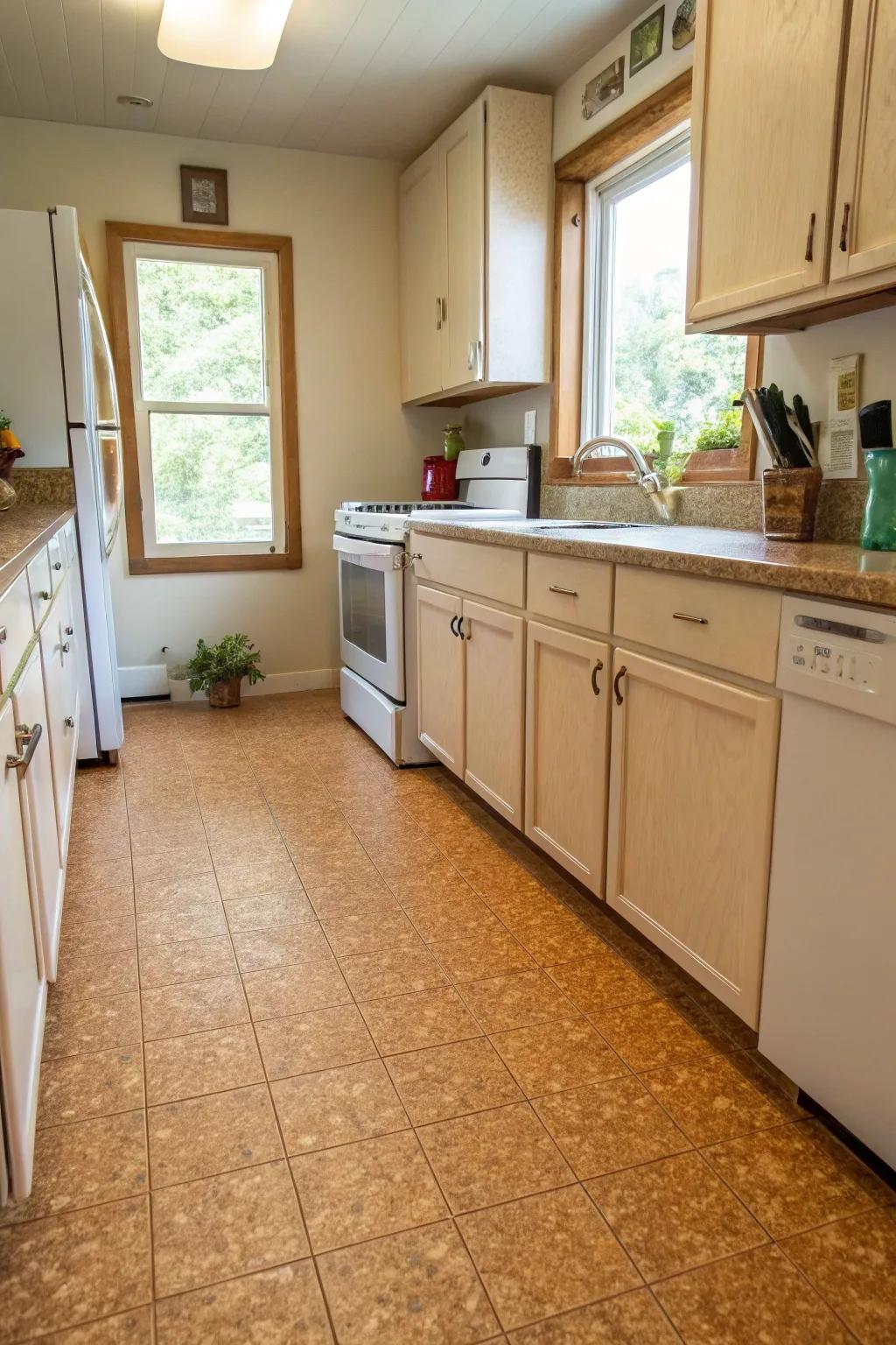 Eco-friendly cork tiles in a small kitchen