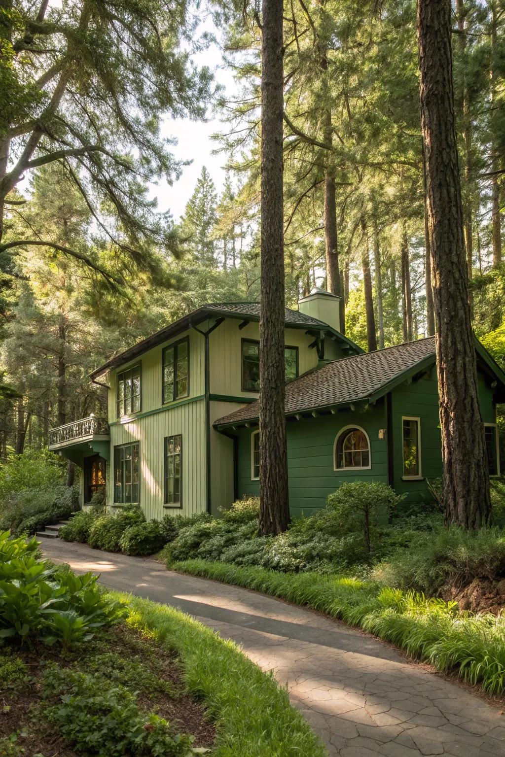 Nature-inspired verdant stucco house within a forest setting.