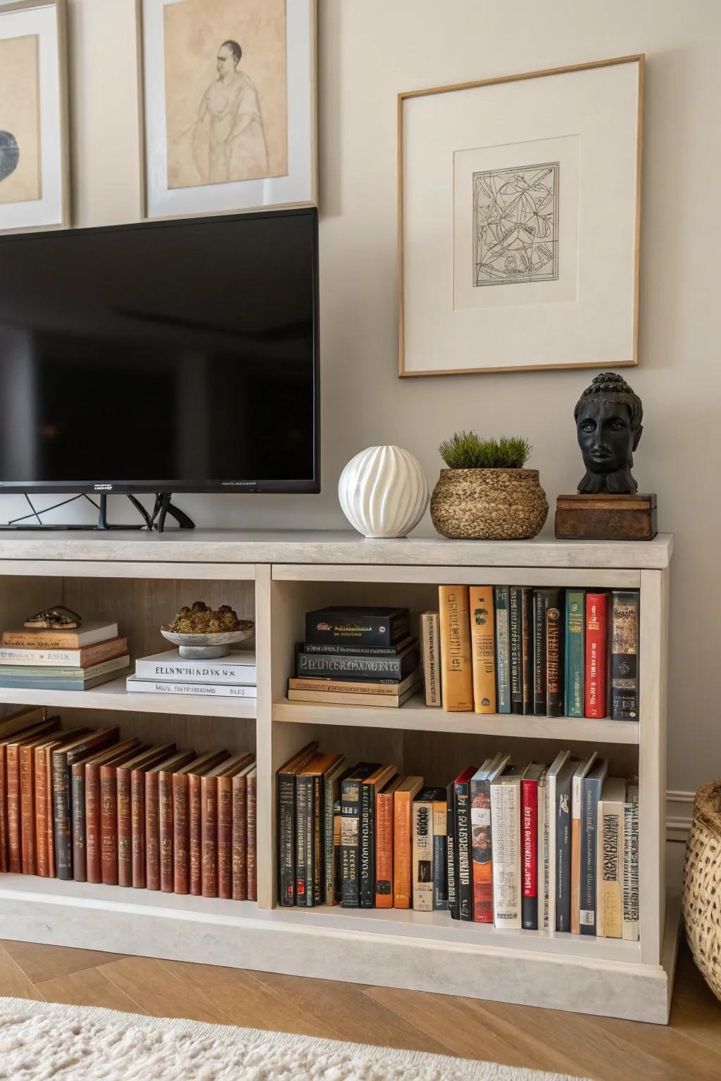Artful shelving transforming the TV wall.