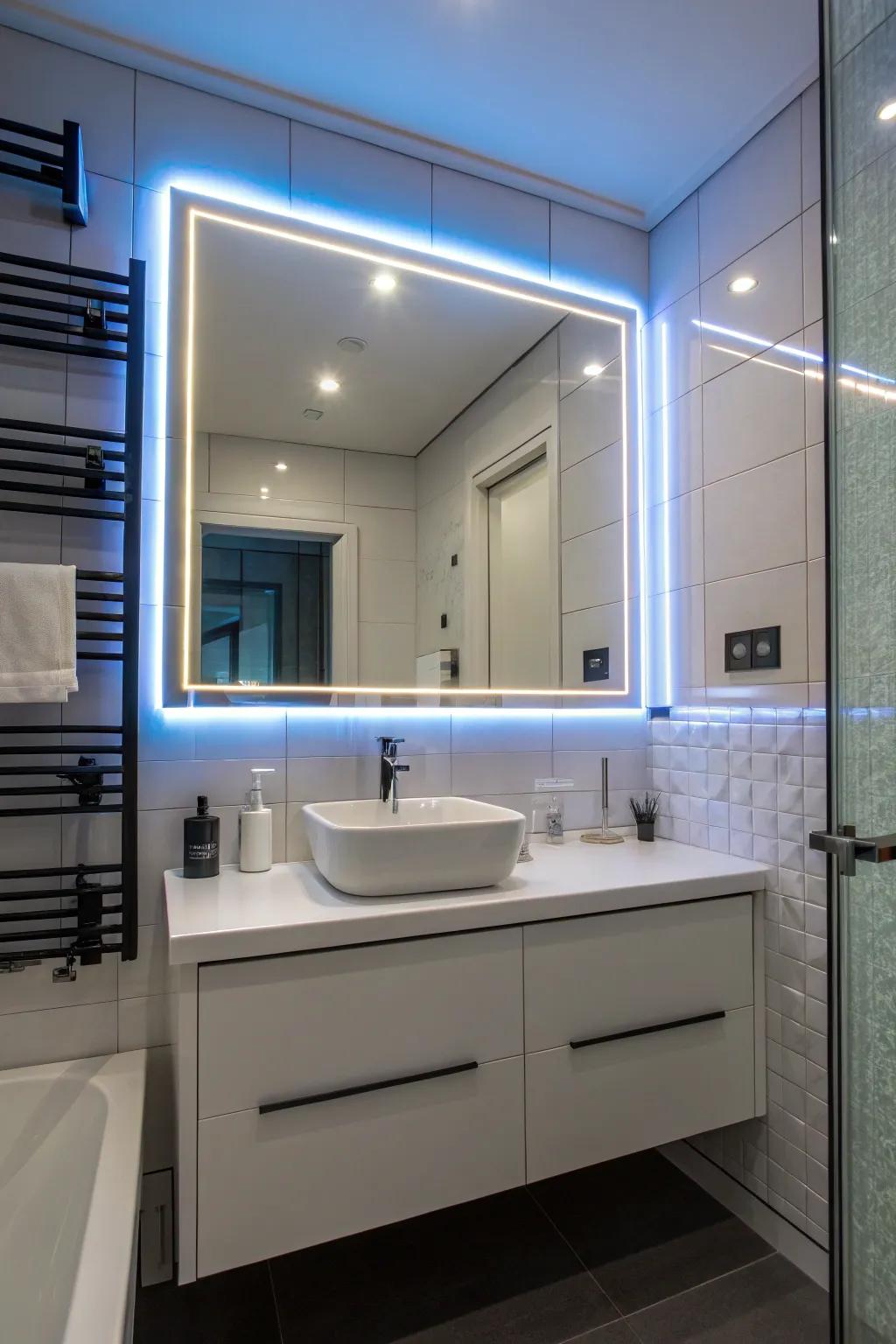 Modern LED ribbons contributing to a contemporary edge for bathrooms.