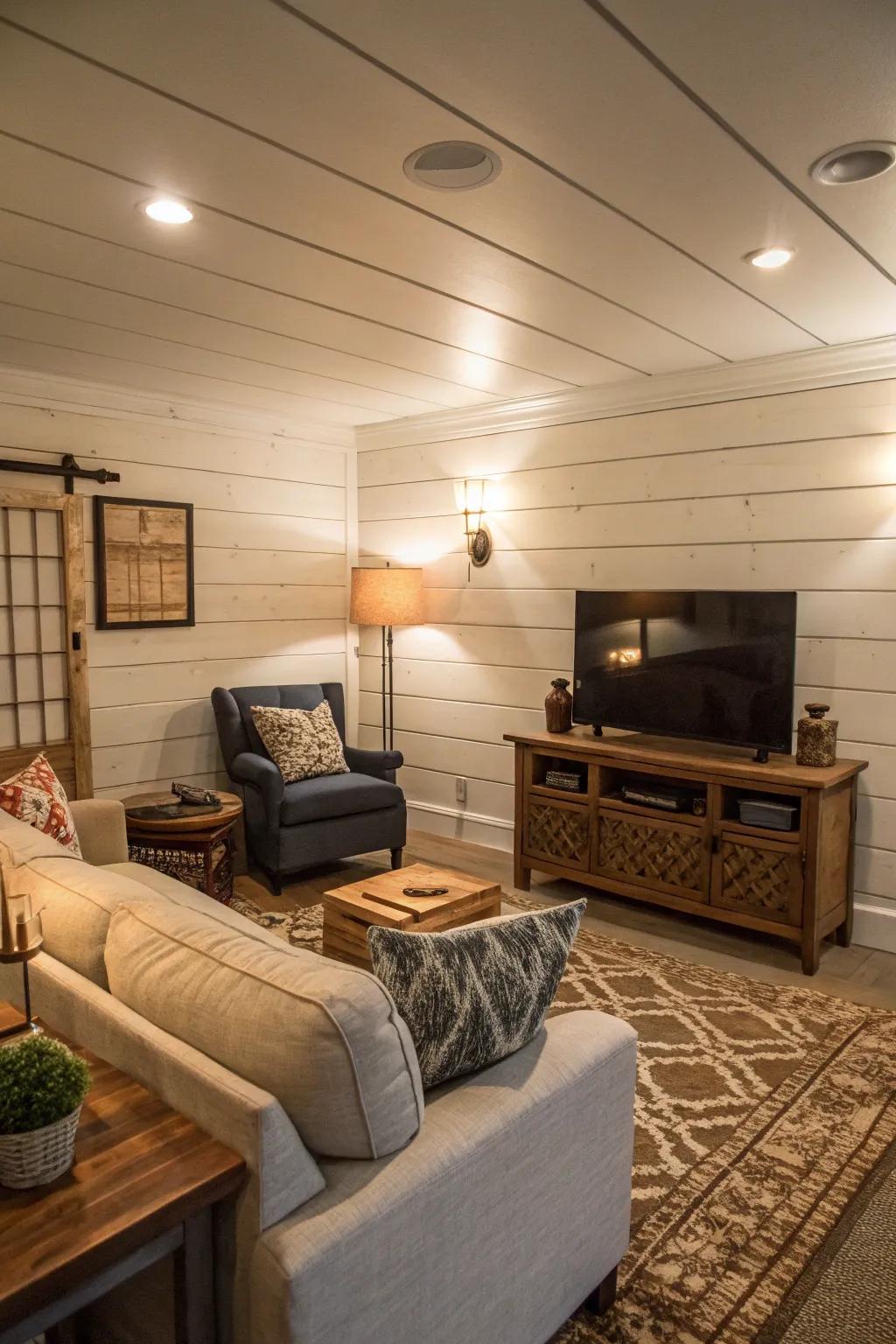 Plank board accent walls contribute warmth and charm.