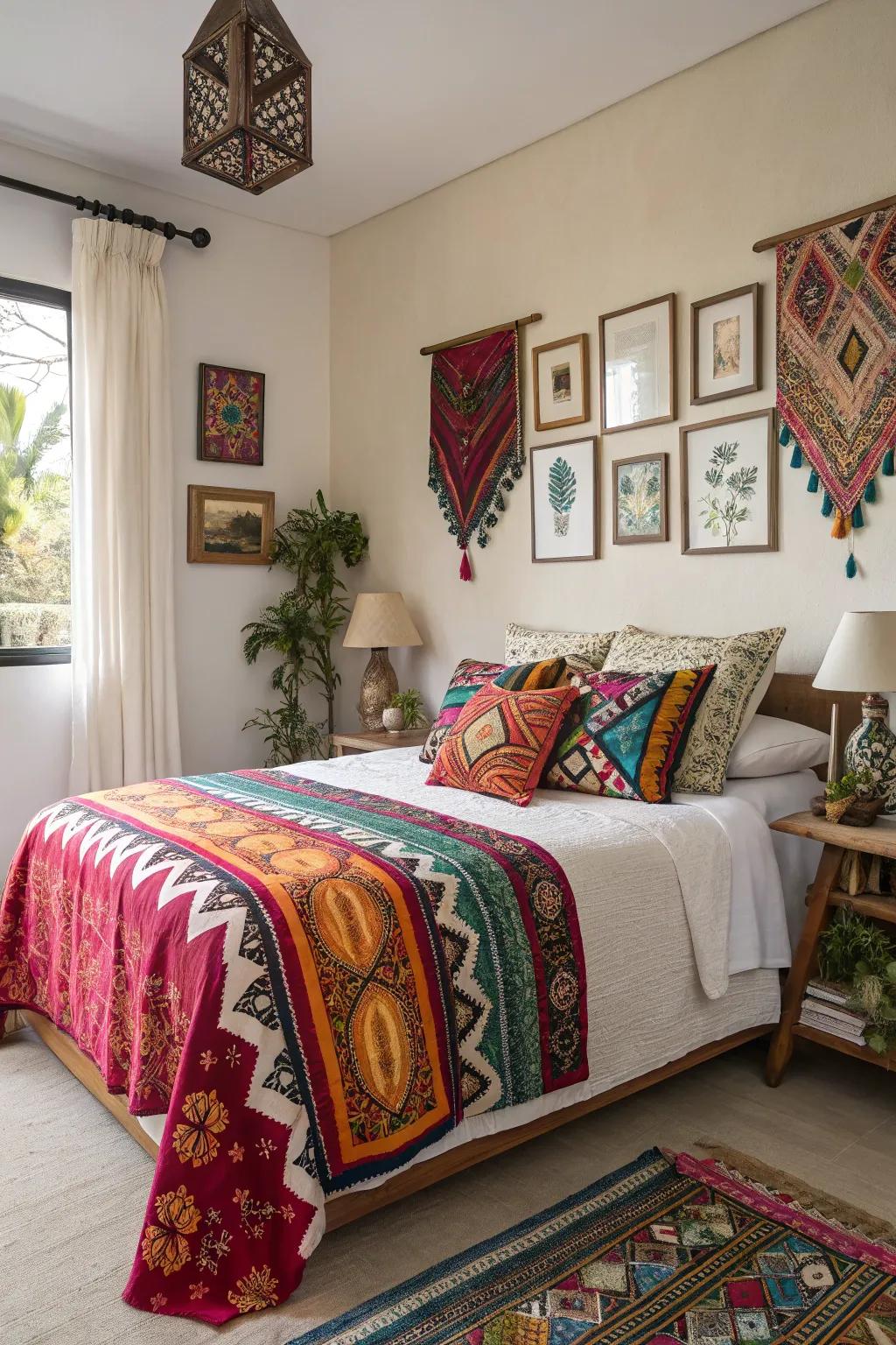 An inviting bedroom showcasing global textiles and patterned throws.