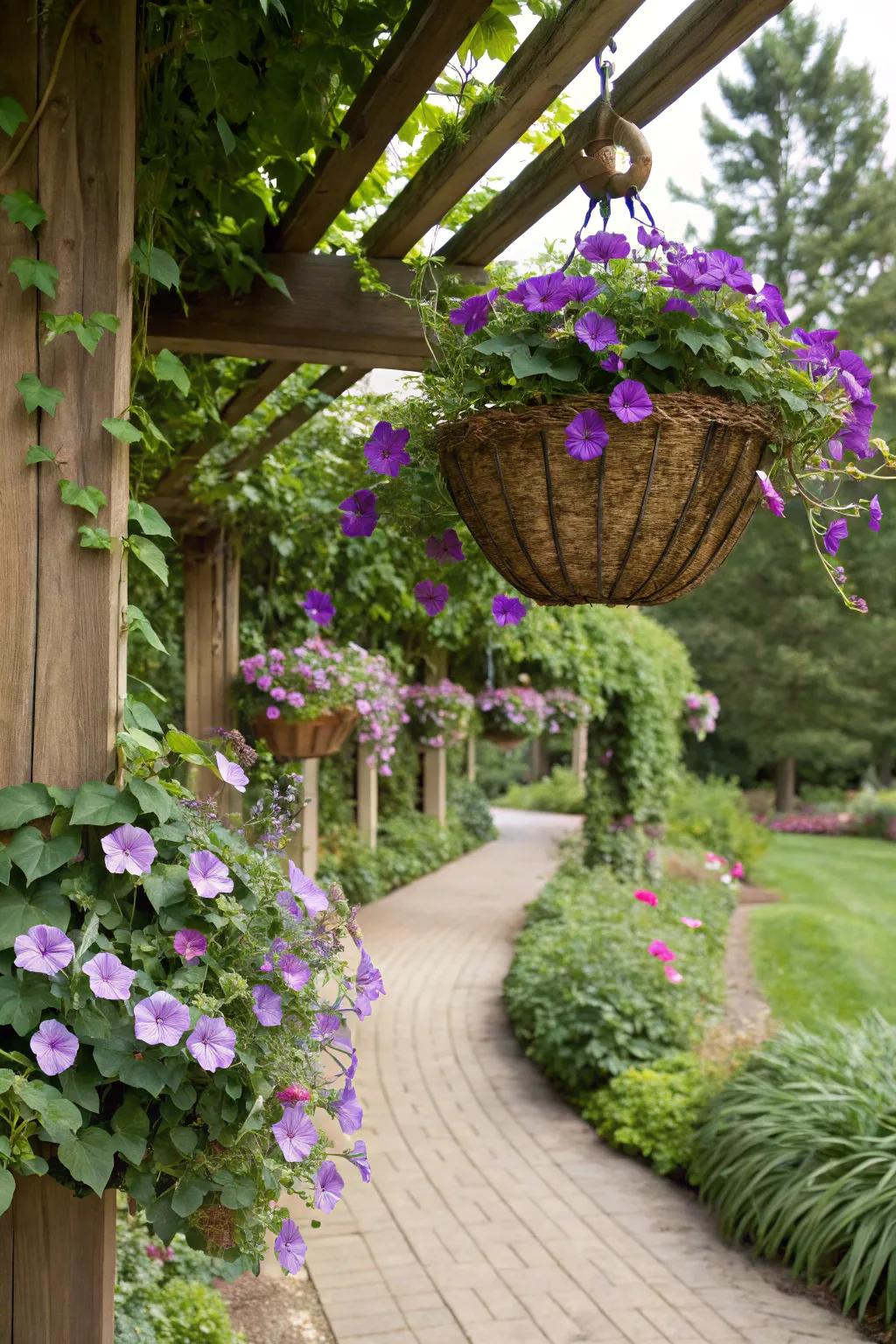 Hanging baskets with cascading morning glories enhancing garden corners.
