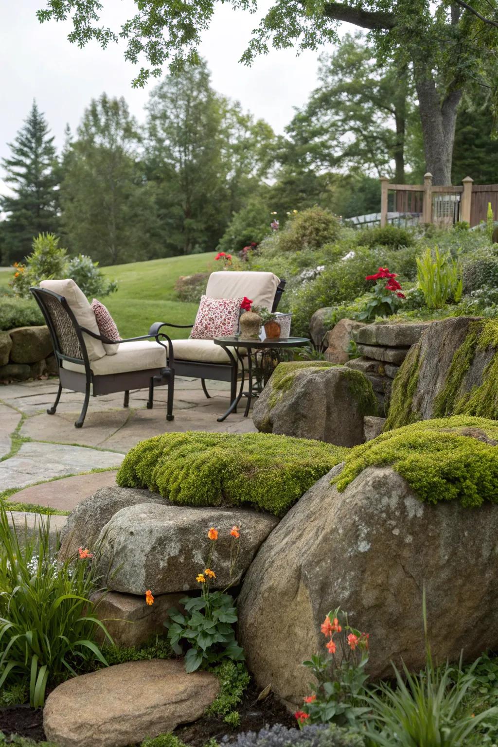 A snug garden seating zone utilizing moss stones as spontaneous seating.