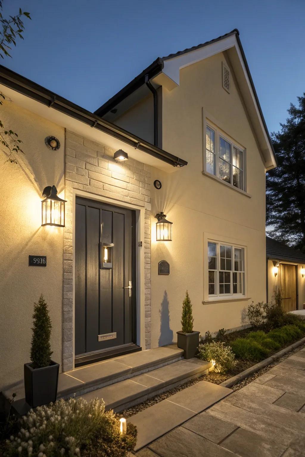 Graphite front door provides a sophisticated contrast to a beige house.