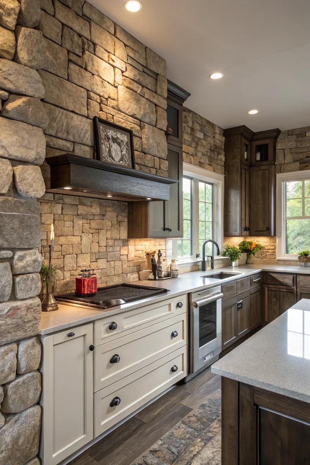 Mixed textures establish a visually stimulating and vibrant kitchen space.