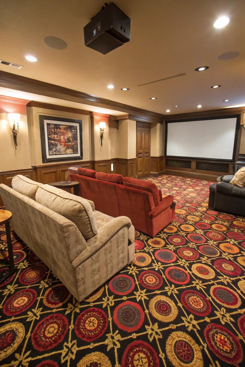 A vibrant floor covering provides individuality to your film area.