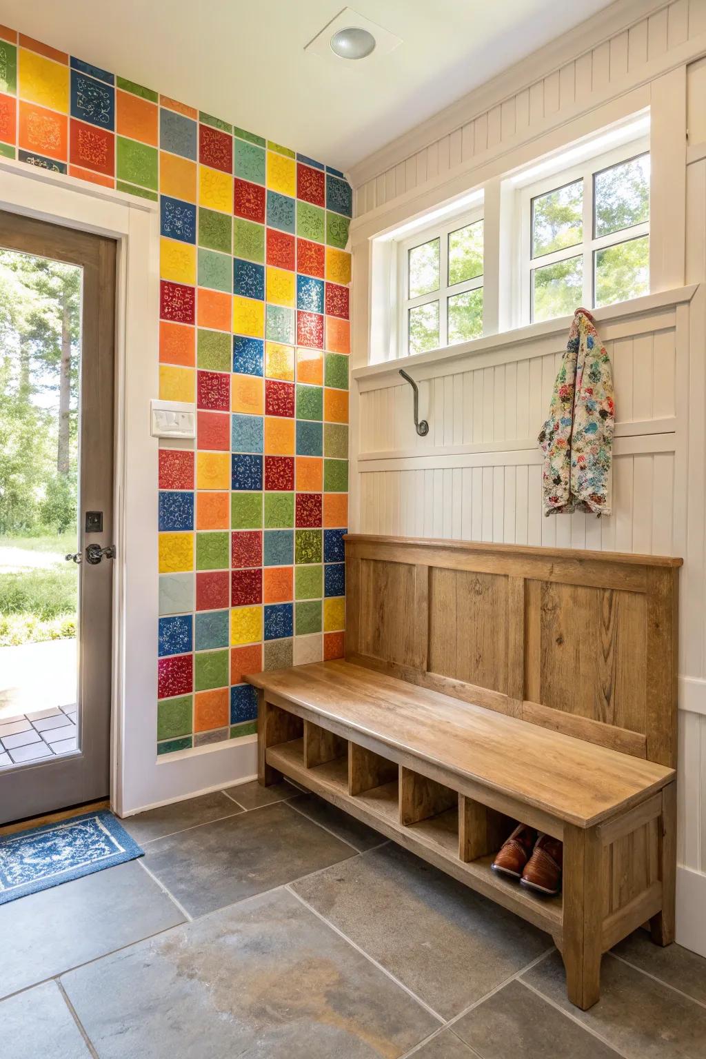 A bold mudroom seating featuring a vibrant bricked design.