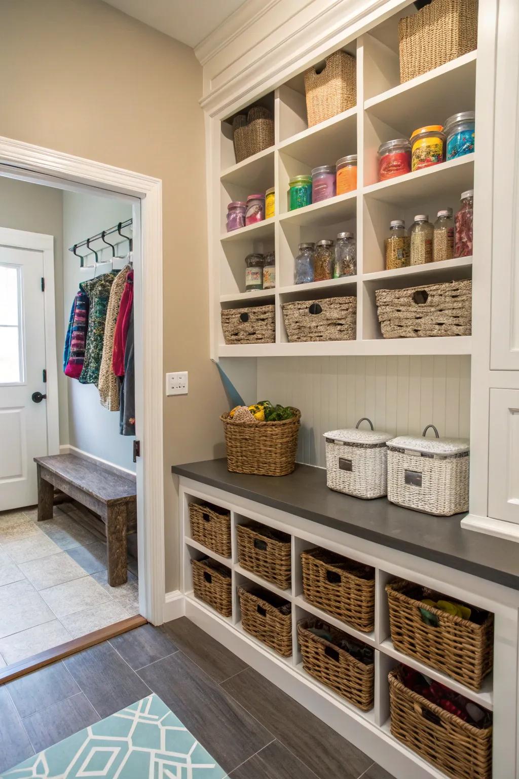 Open shelving provides visibility and accessibility for everyday items.
