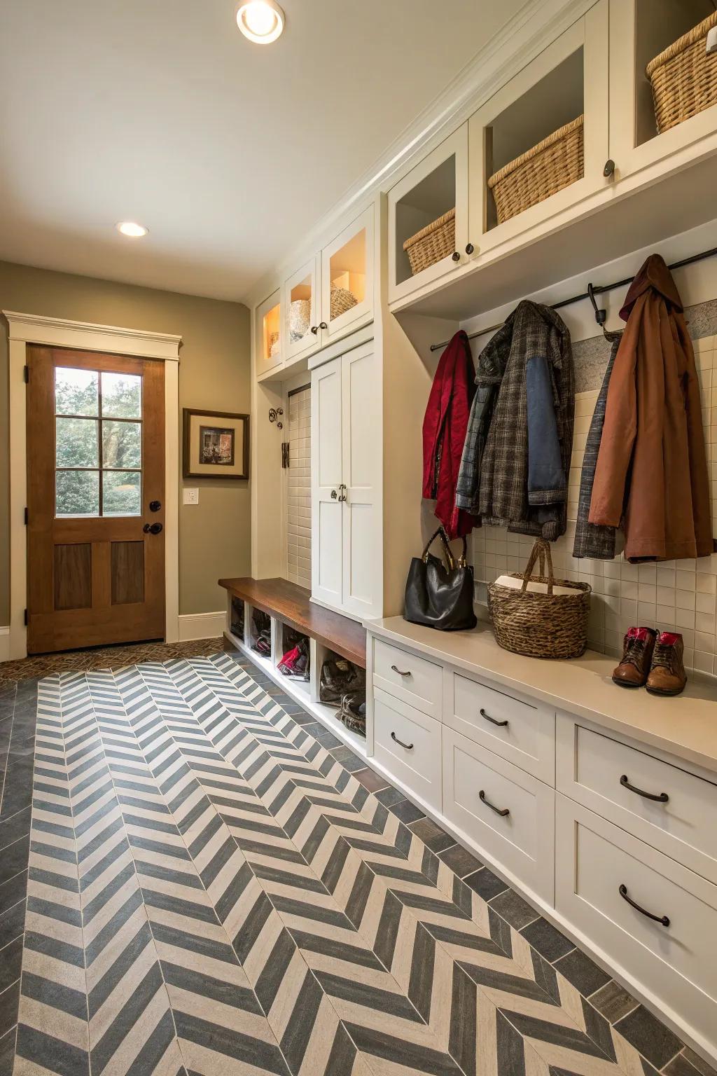 Chevron patterns create dynamic movement in your mudroom.