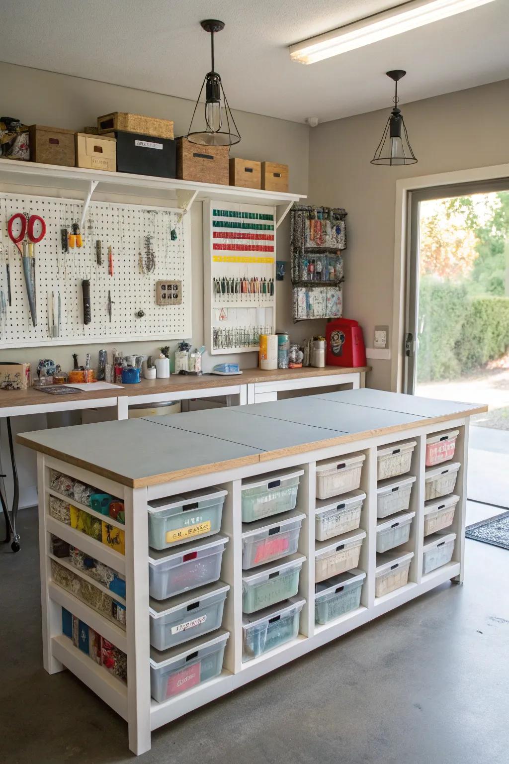A well-organized crafting and hobby corner in a garage.
