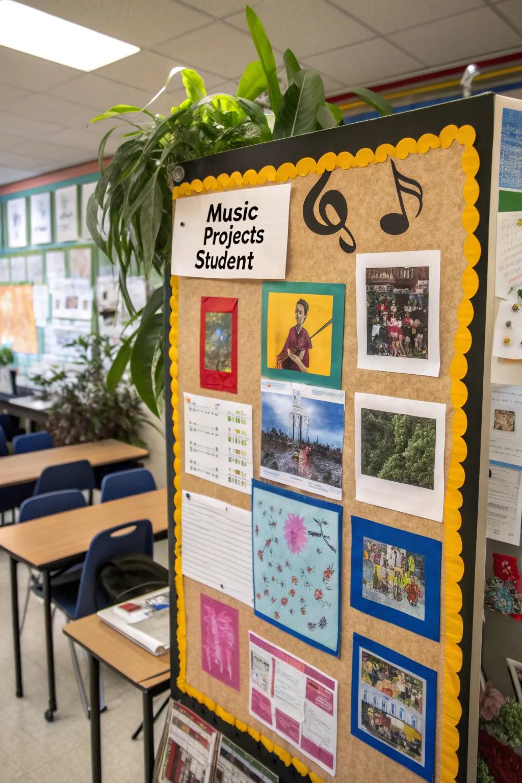 Bulletin board featuring creative student music projects.