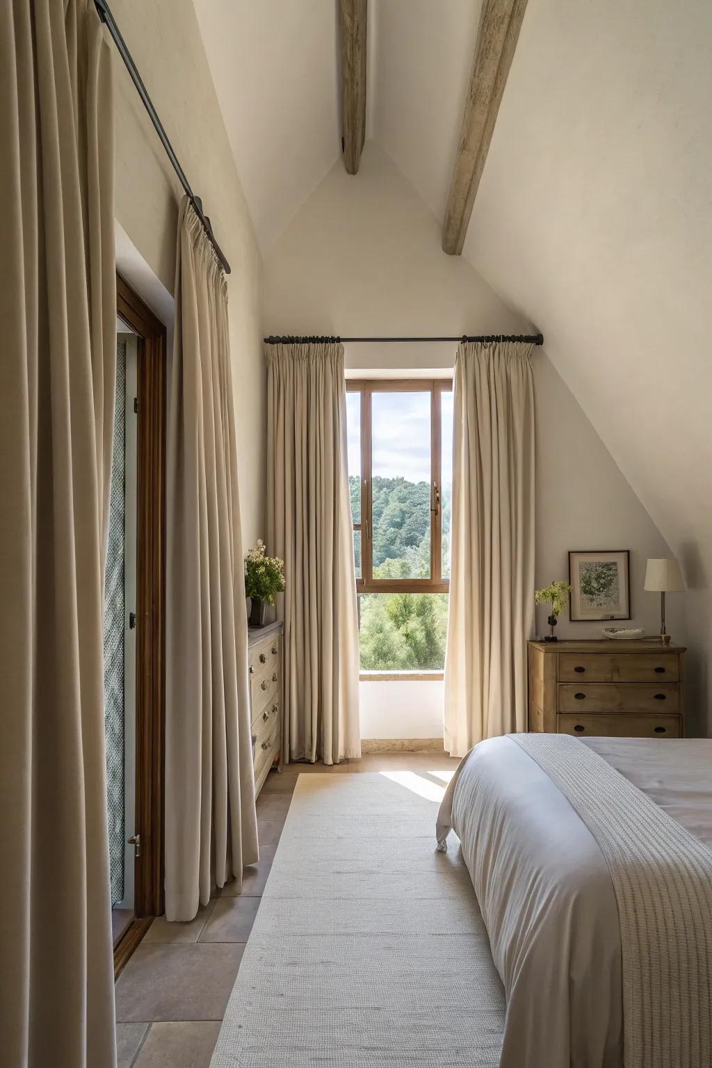 High-hung curtains enhance the sense of height in a narrow bedroom.