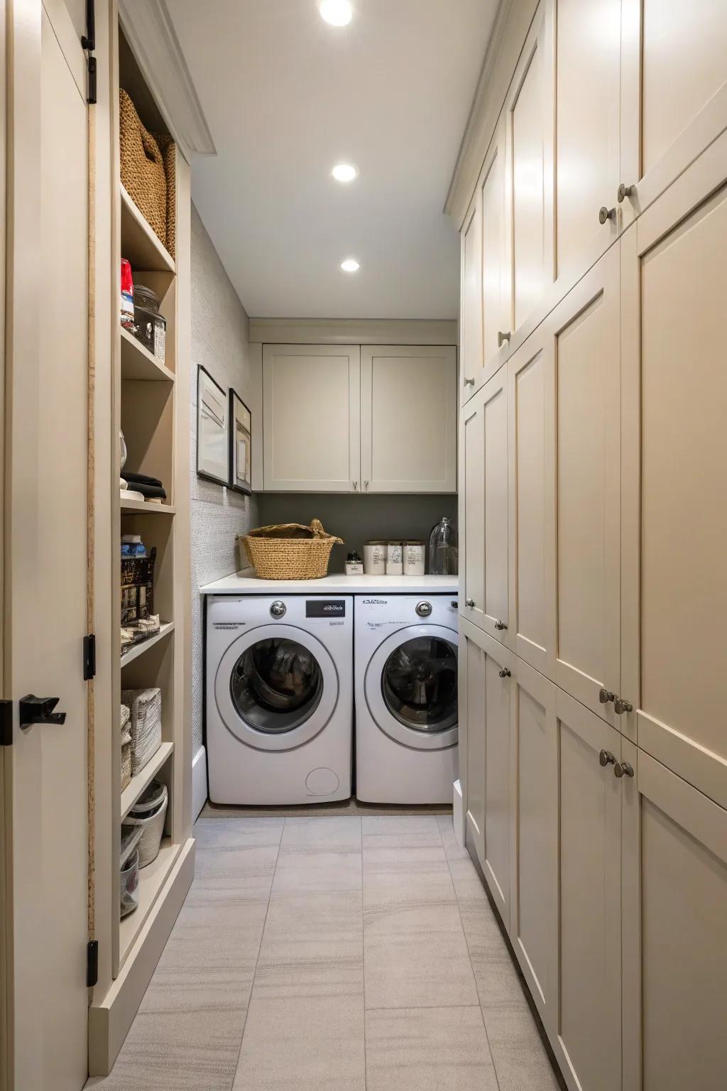 Concealed laundry corners sustain a neat, streamlined look.