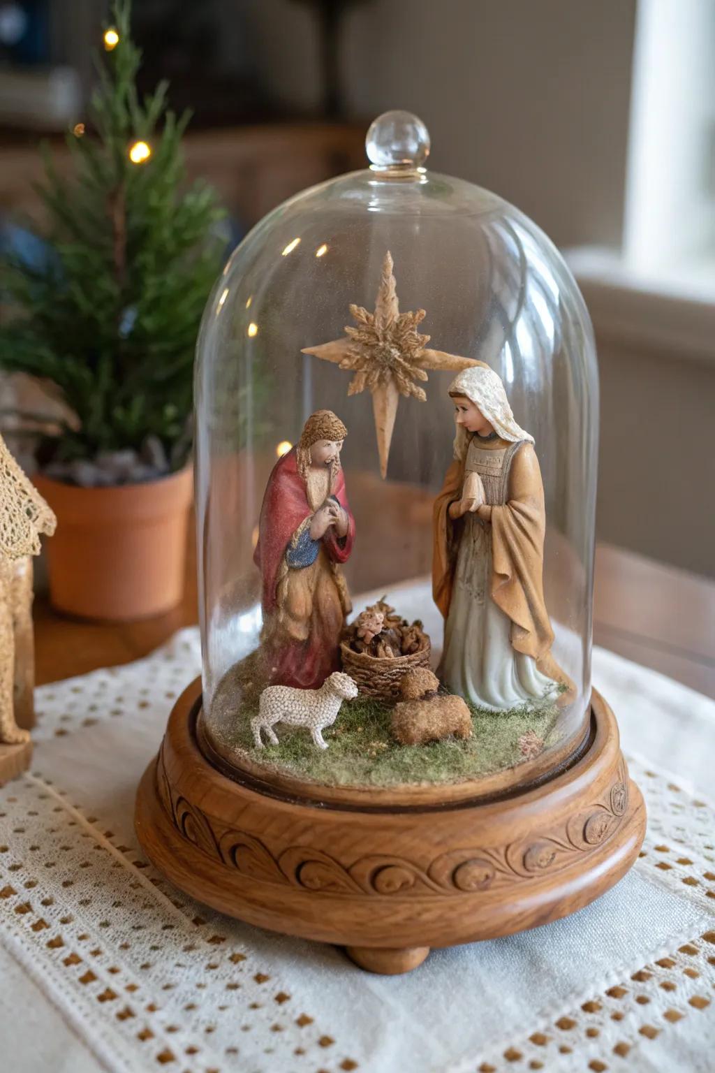 An elegant glass bell jar elevates the nativity scene.