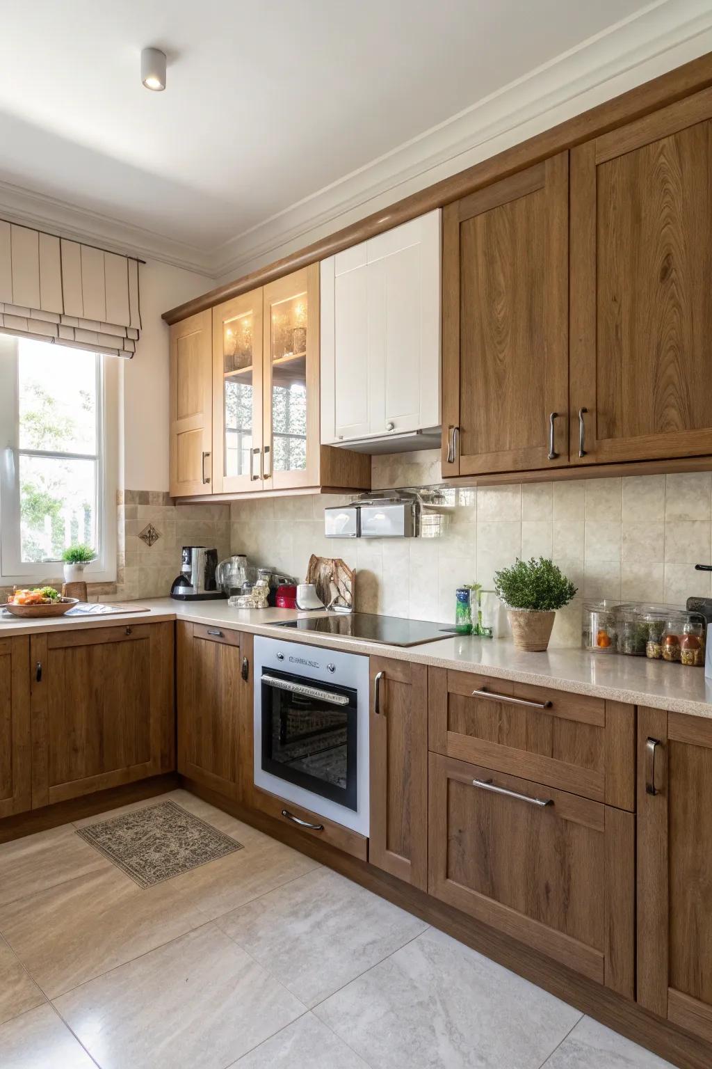 Dual-tone wood fixtures incorporate depth and visual intrigue.