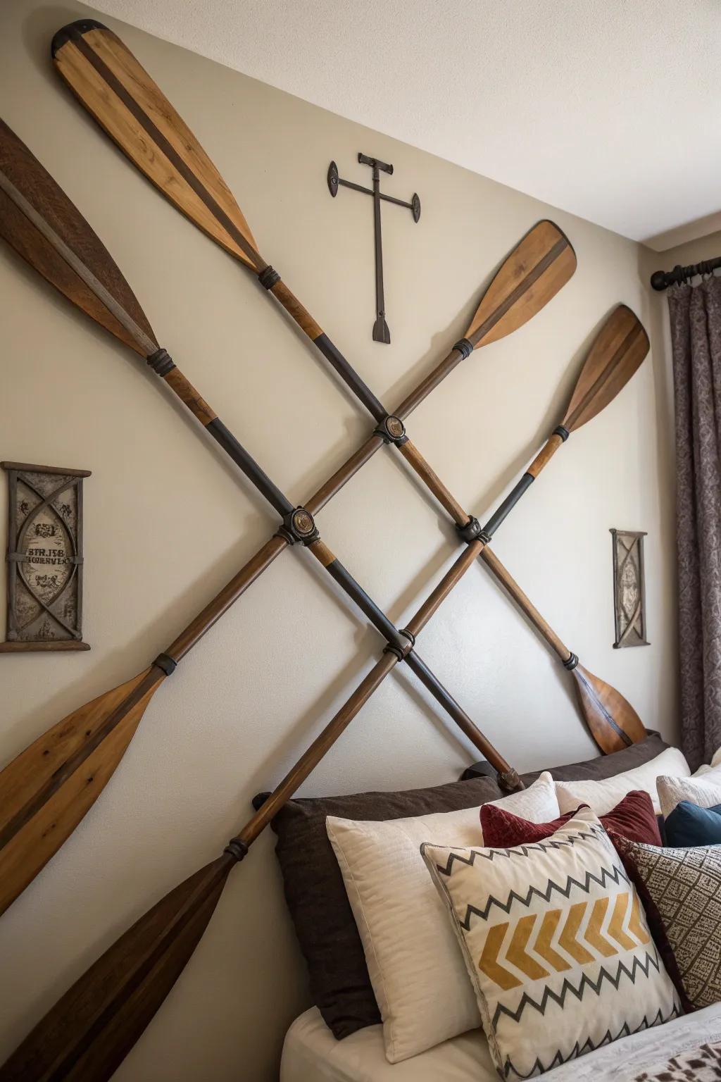 Boat oars add unique nautical flair to the decor.