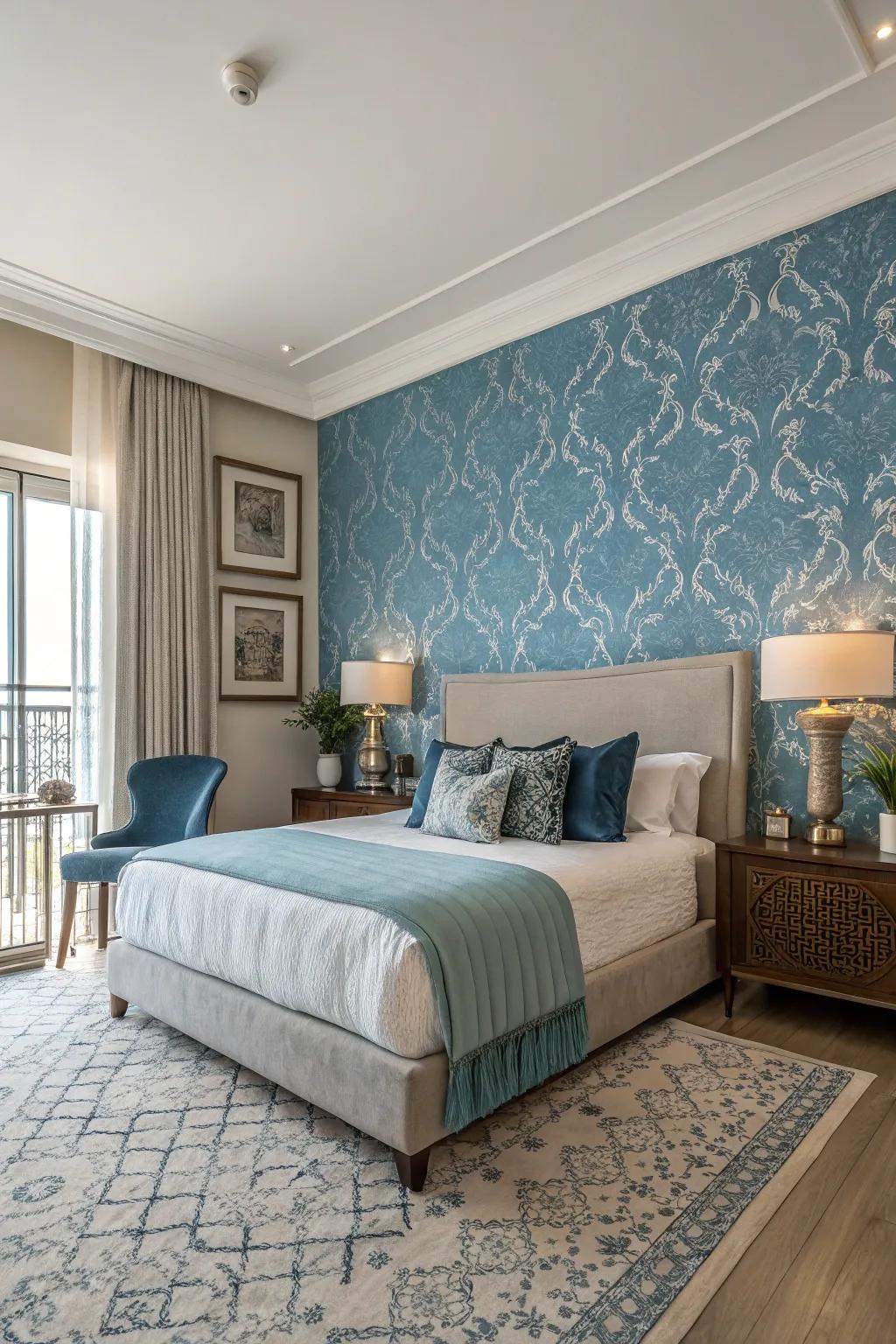 A blue wallpaper focal point adds style and depth to the room.