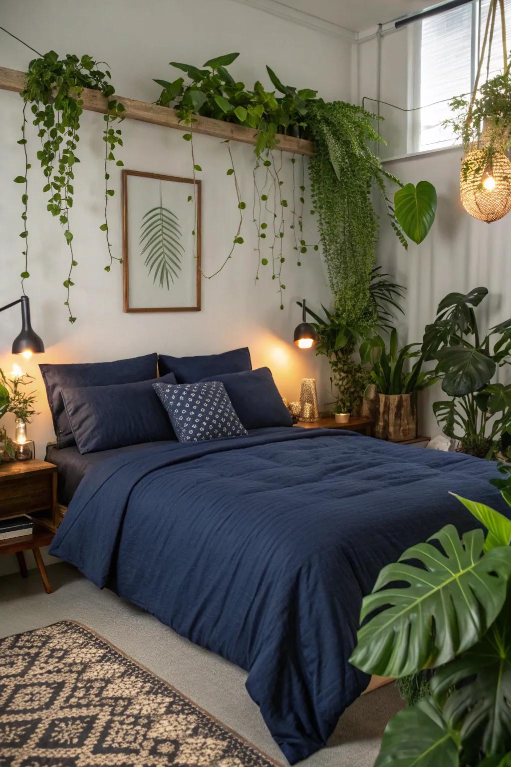 Refresh your space with navy bedding and lush greenery.