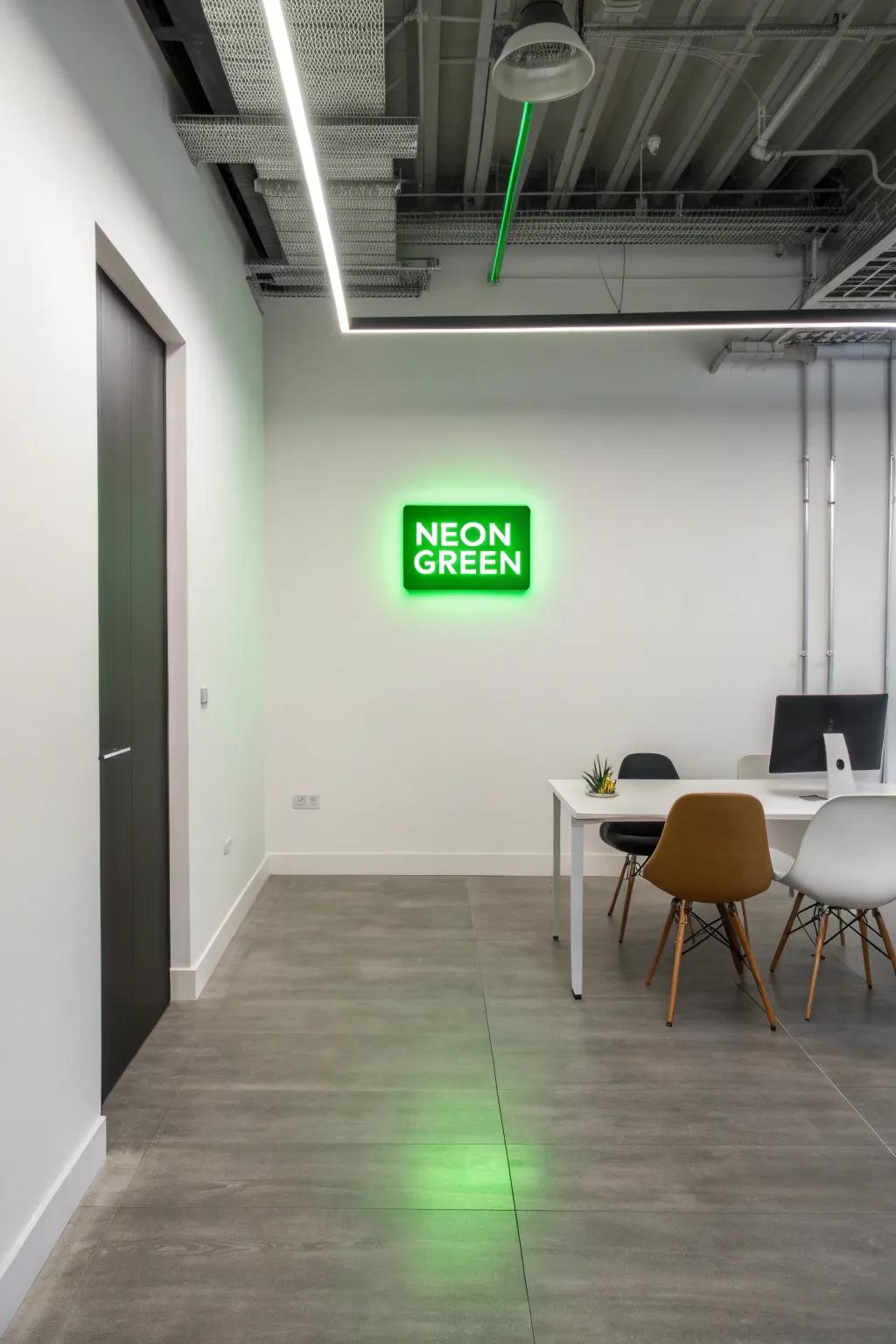 A bright sign creates a striking contrast in a minimalist office.