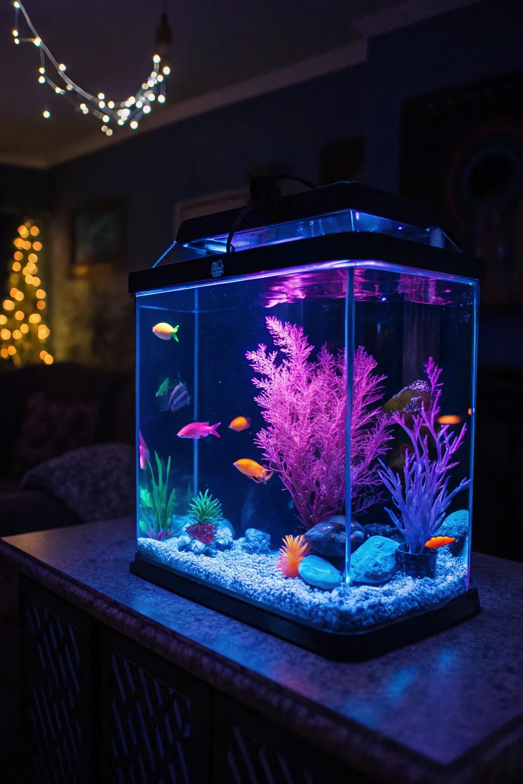 Ultraviolet light heightens the radiant effect of this fluorescent aquarium.