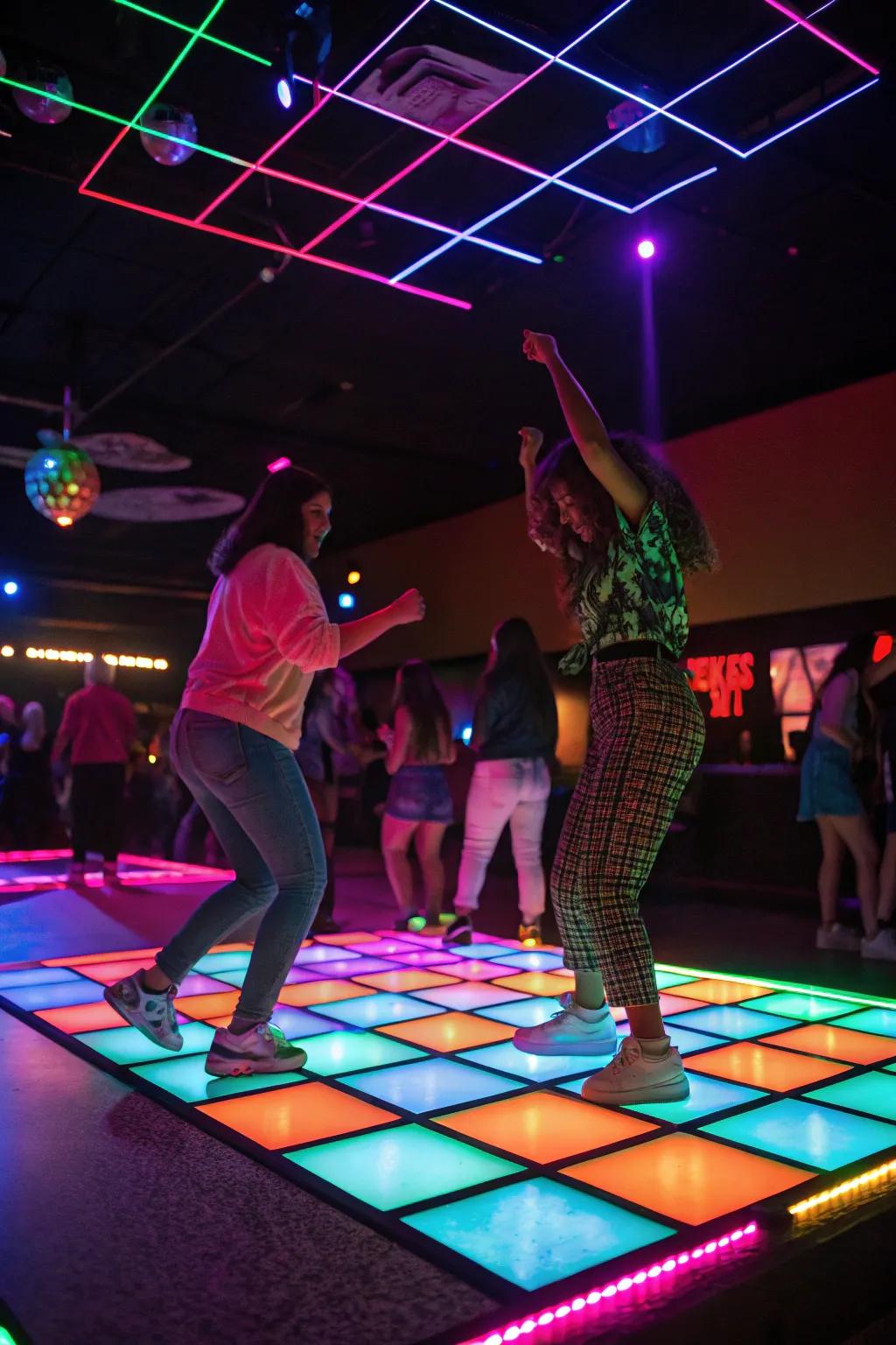 A neon floor using glowing hues, animating the celebration with spirited dancing.