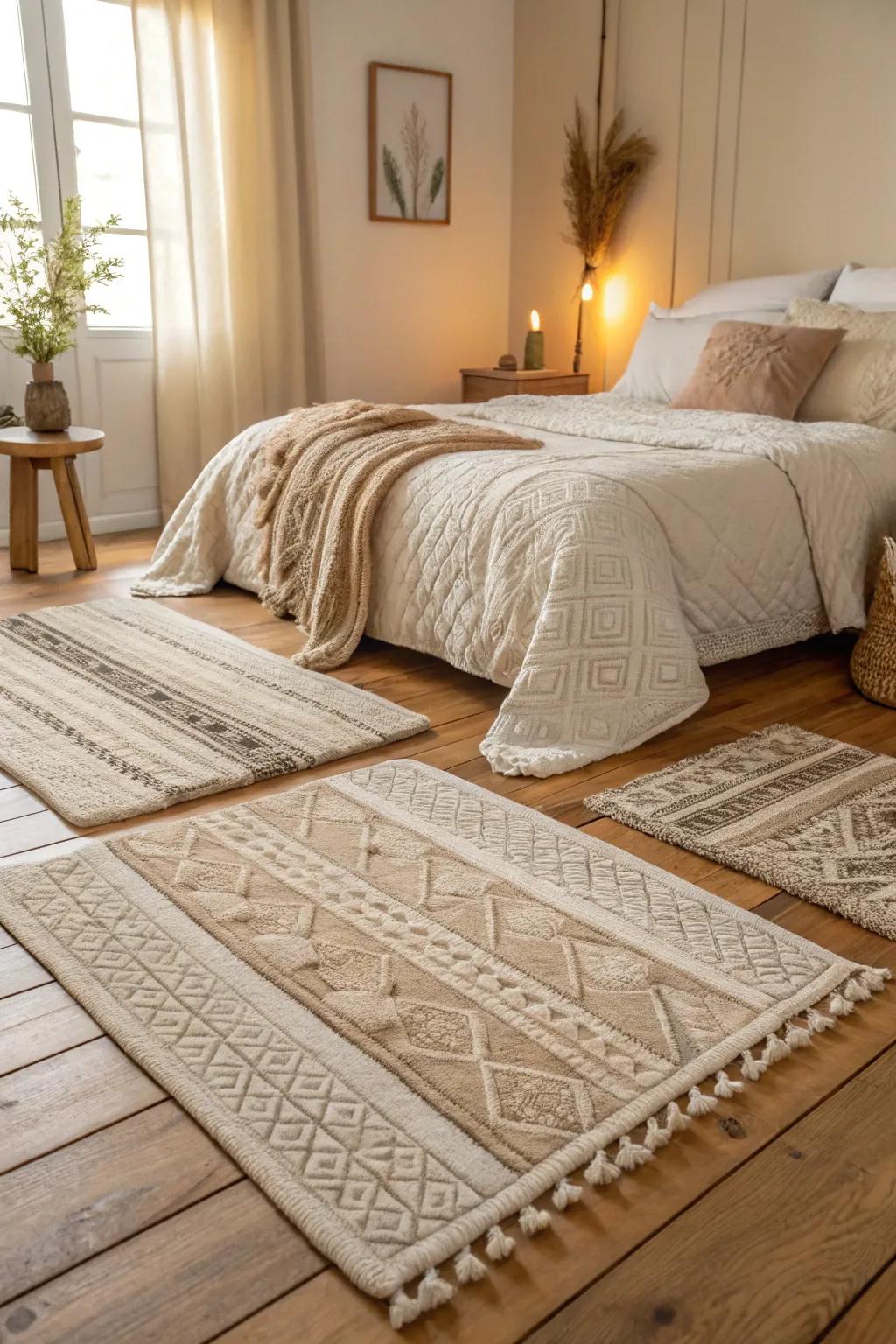 Layered rugs enhance warmth in a neutral bedroom.