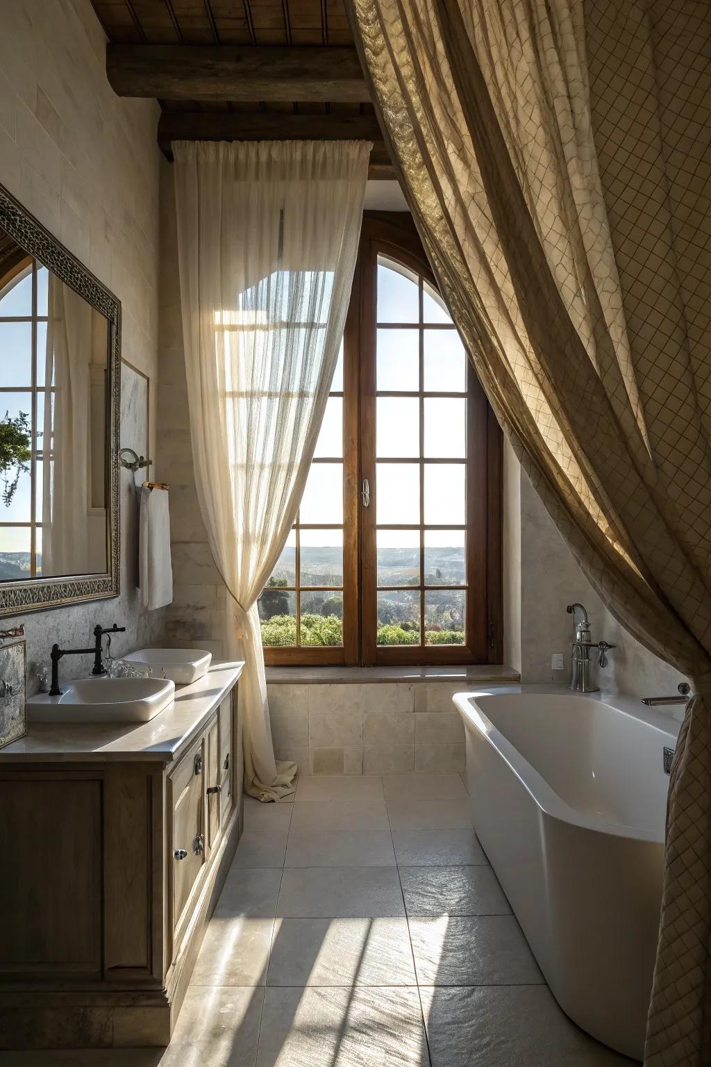 Elegant fabric adding a touch of drama to a bathroom.