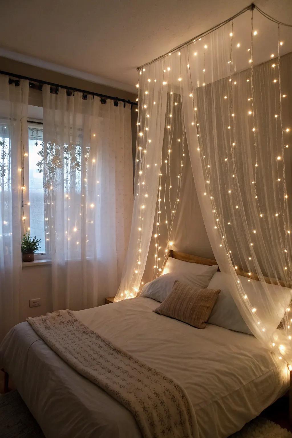 Curtains and twinkle lights cast a captivating, soft light behind the bed.