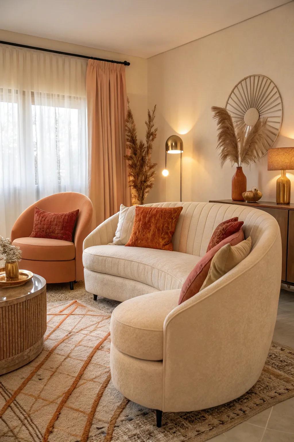 Rounded furnishings invite comfort and fluidity.