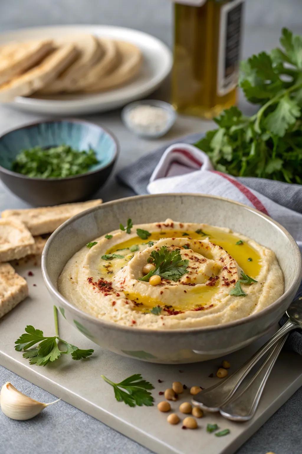 Roasted garlic hummus: A delightful appetizer suitable for all.