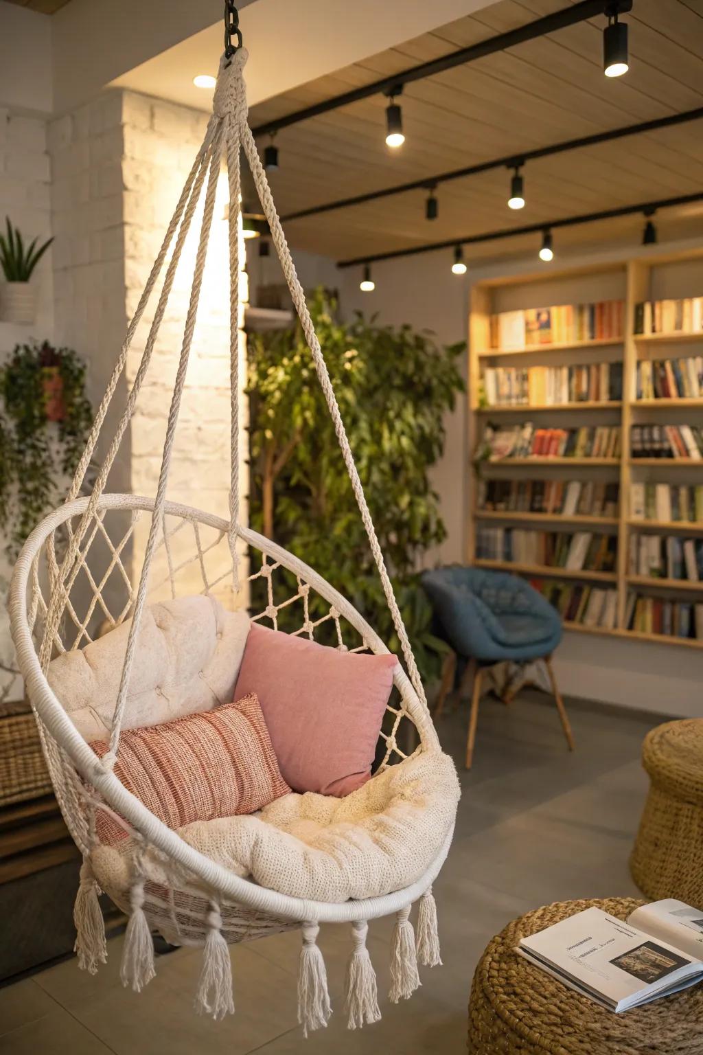 A playful alcove spotlighting a fashionable hanging seat for a floating sensation.