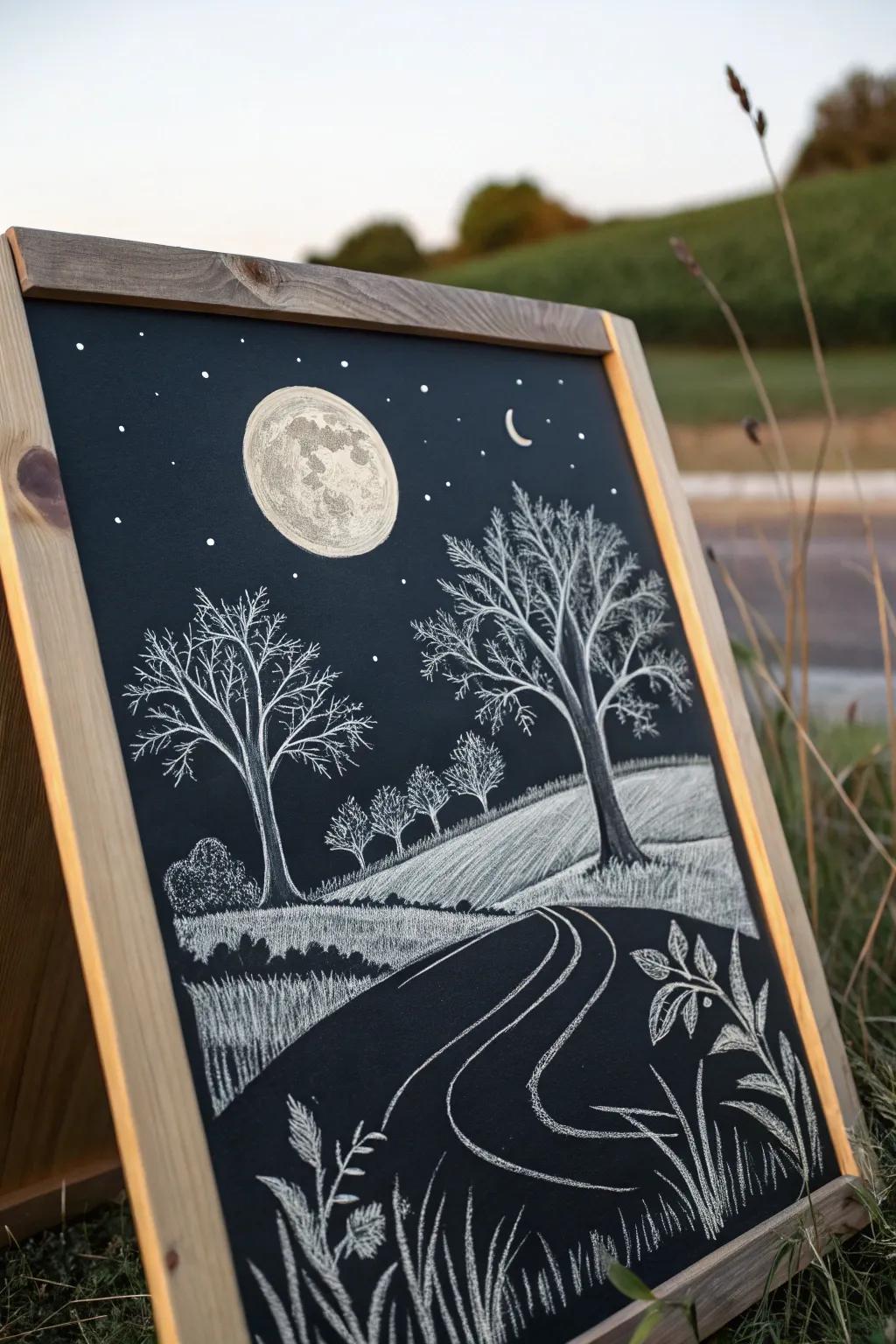 A harvest moon chalkboard scene that captures the calm of autumn nights.