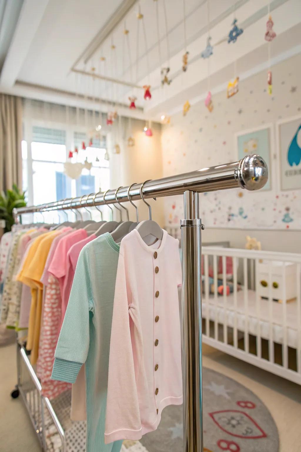 Hanging rails offer an elegant solution for storing baby clothes in compact spaces.