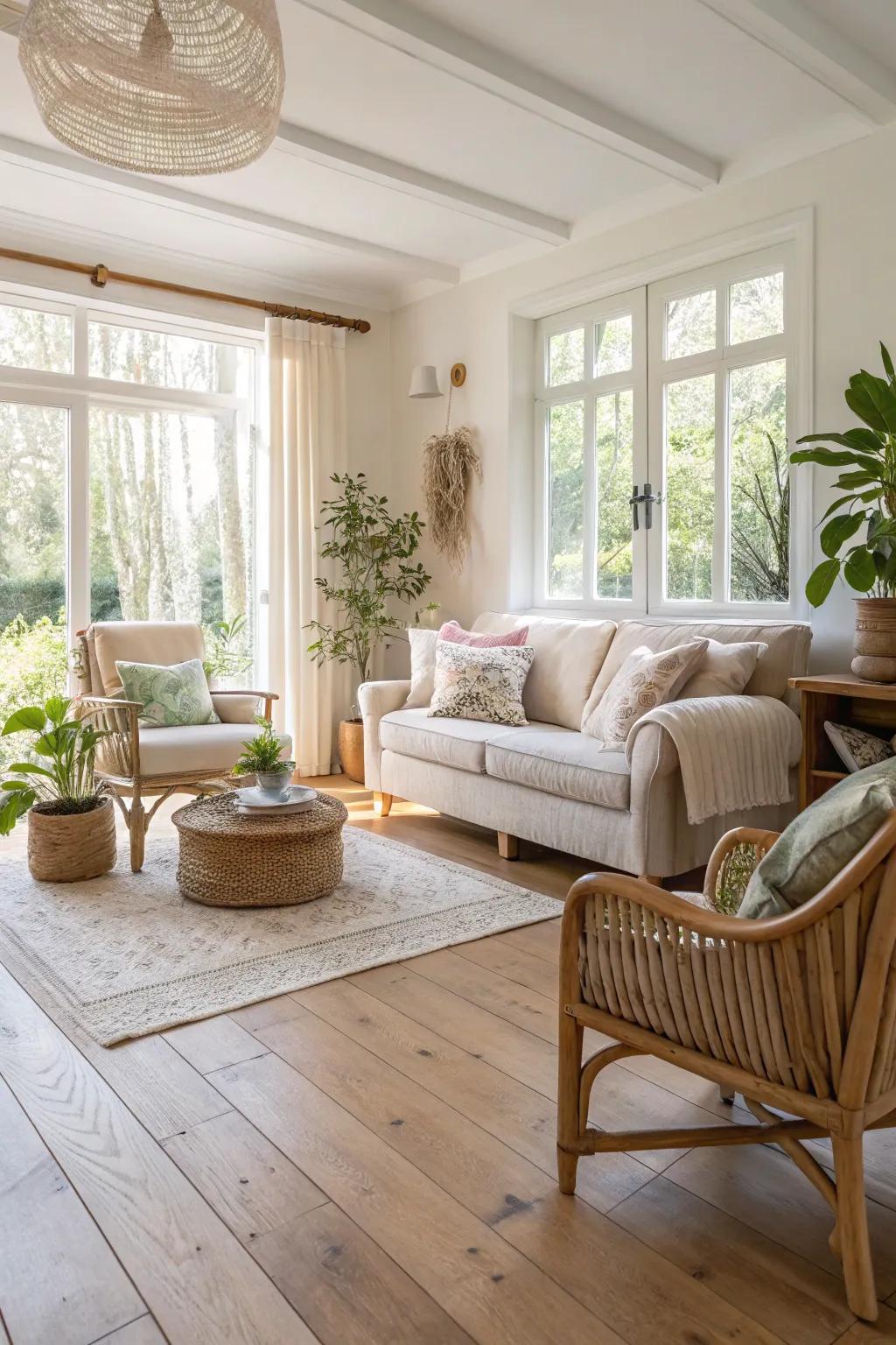 Light decor matches beautifully with oak floors.