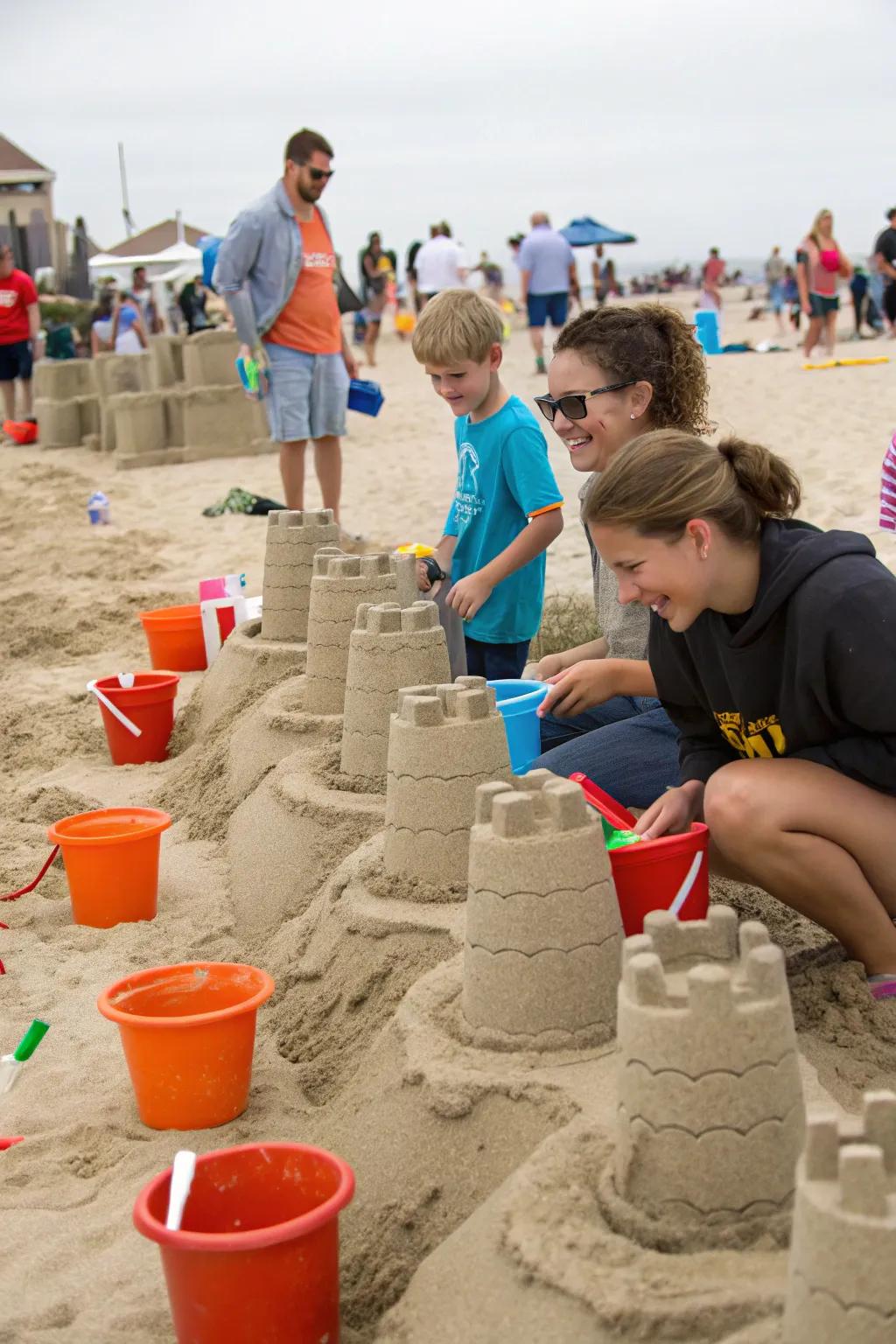 Guests enjoying a fun and engaging beach construction challenge.