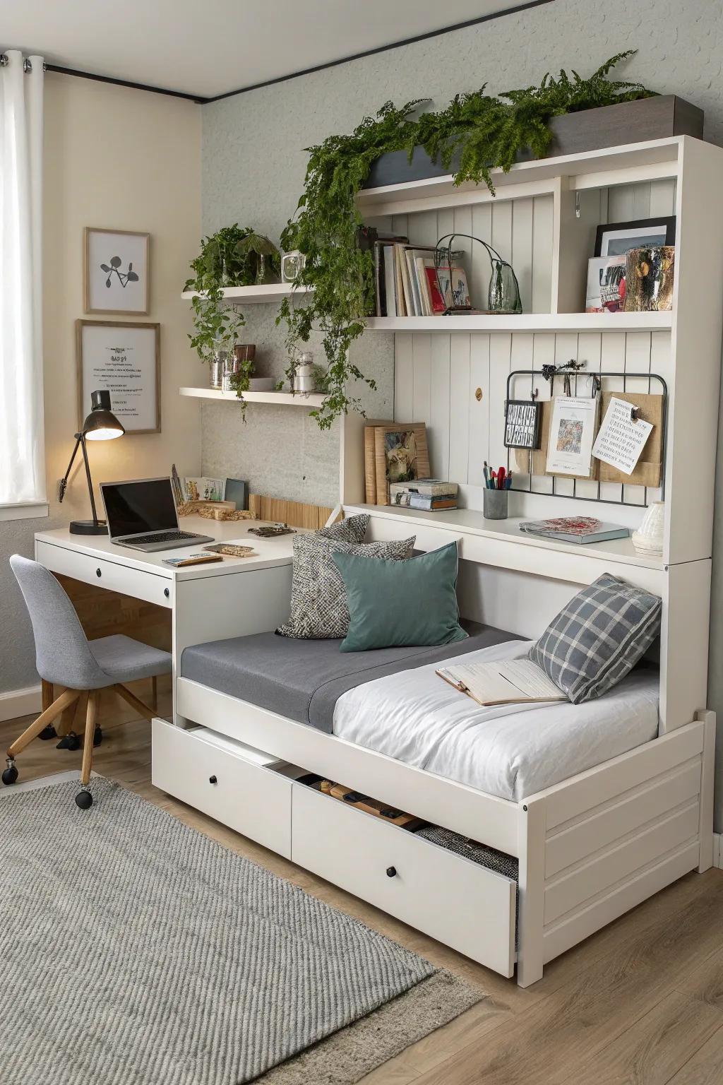 A daybed-desk combo maximizes space and efficiency.