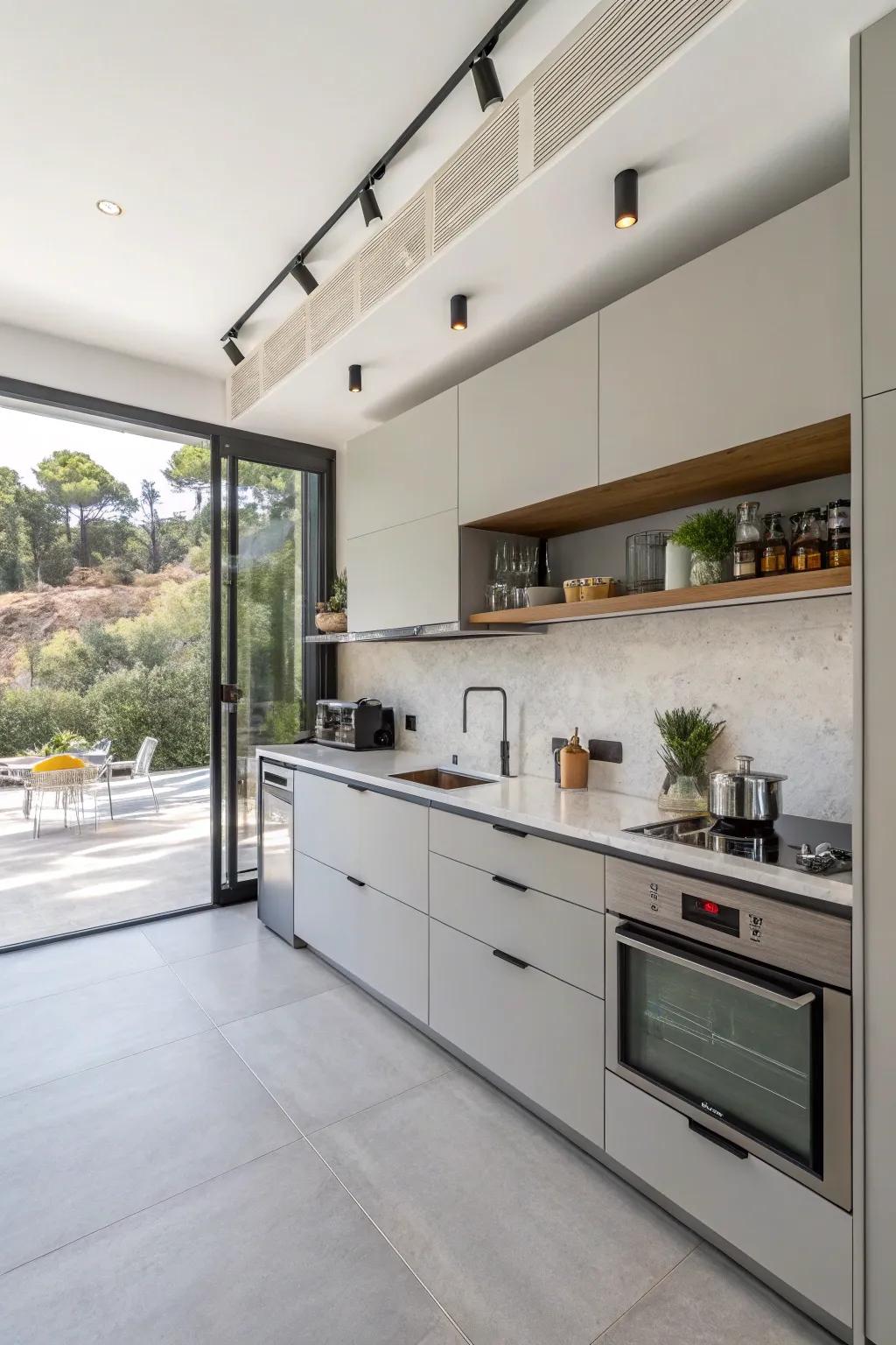 Multi-functional fixtures heighten effectiveness in a one-wall food prep zone.