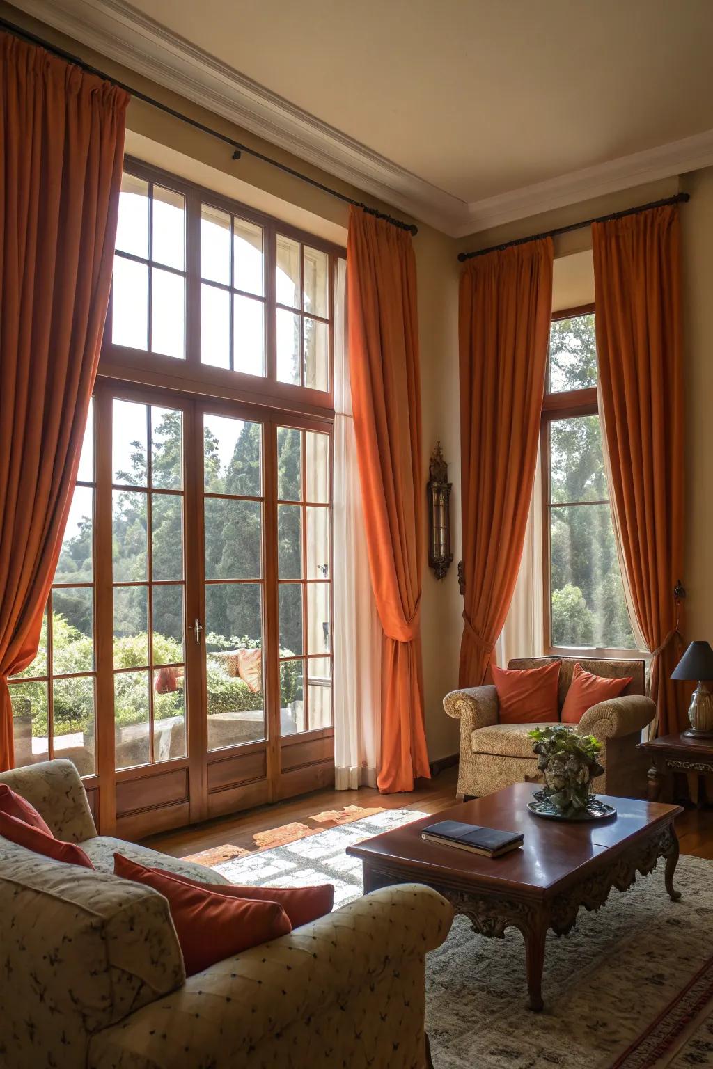 Natural light enhancing the warmth of orange window coverings.