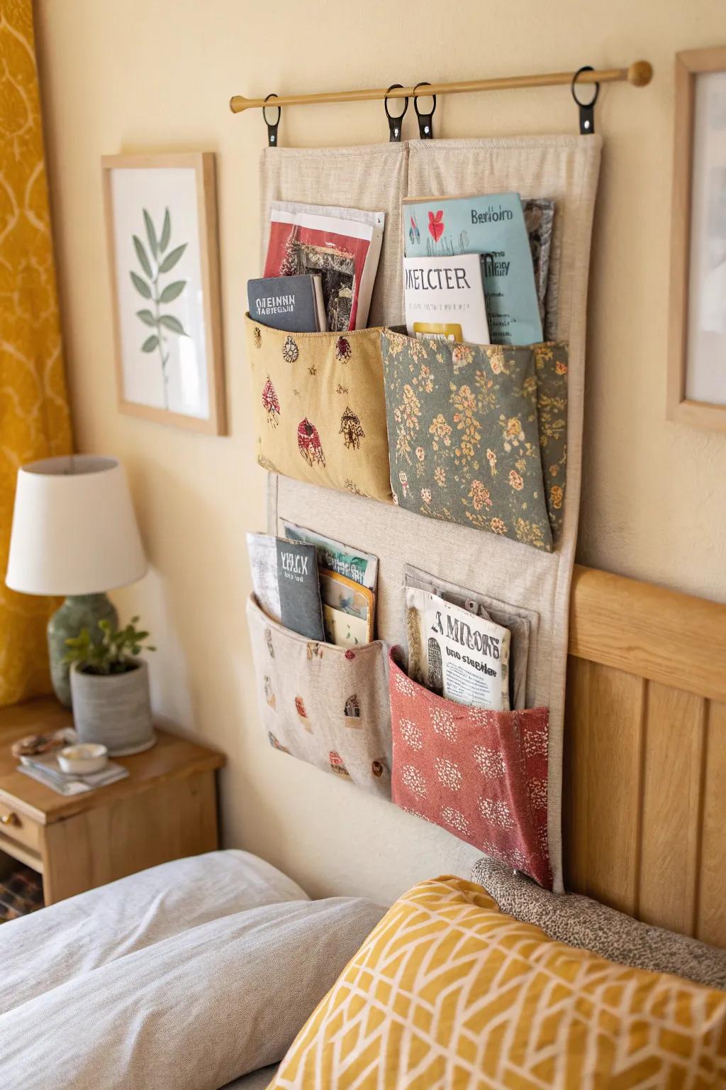 Arrange petite essentials using wall-mounted pouches.