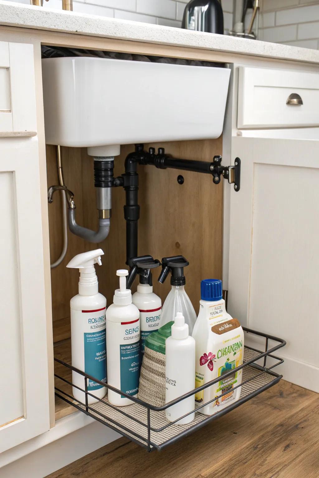 A tension rod gives extra hanging storing for bottles.