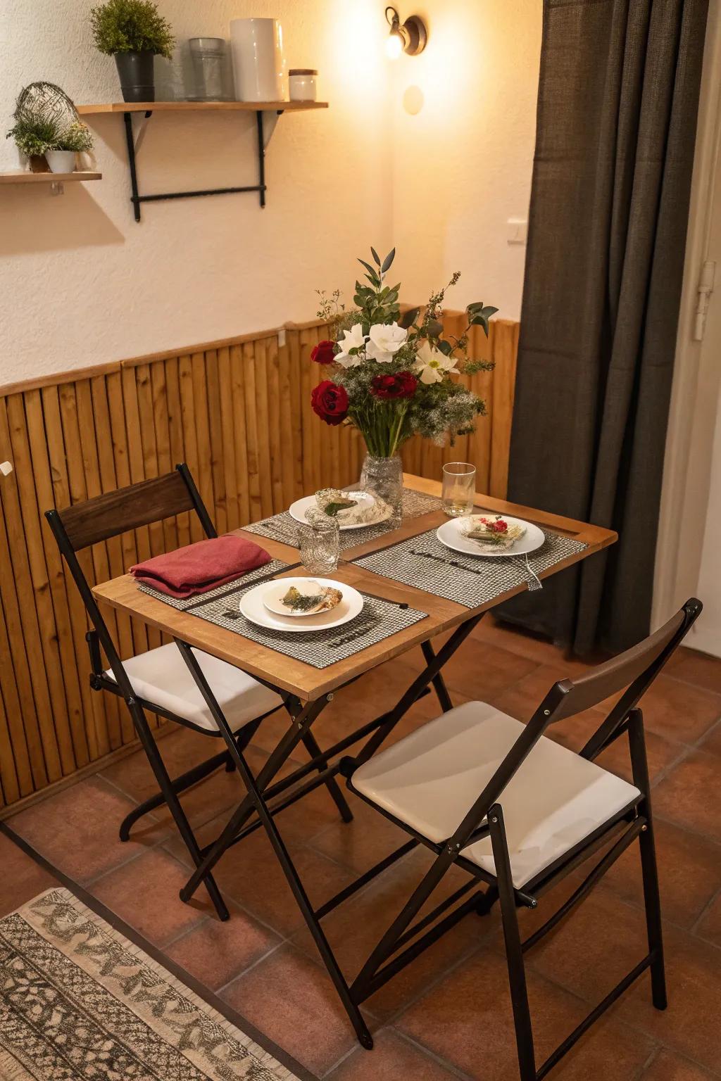 Collapsible furnishings are suited for small eating spaces.