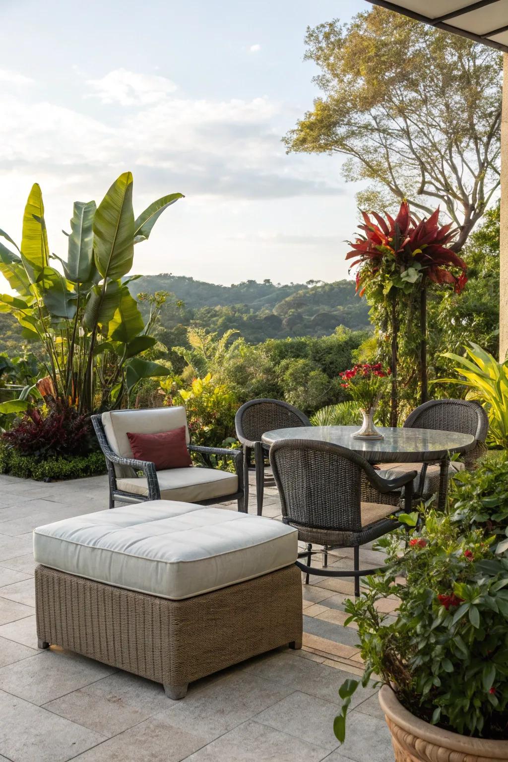An outdoor haven featuring a stylish ottoman.